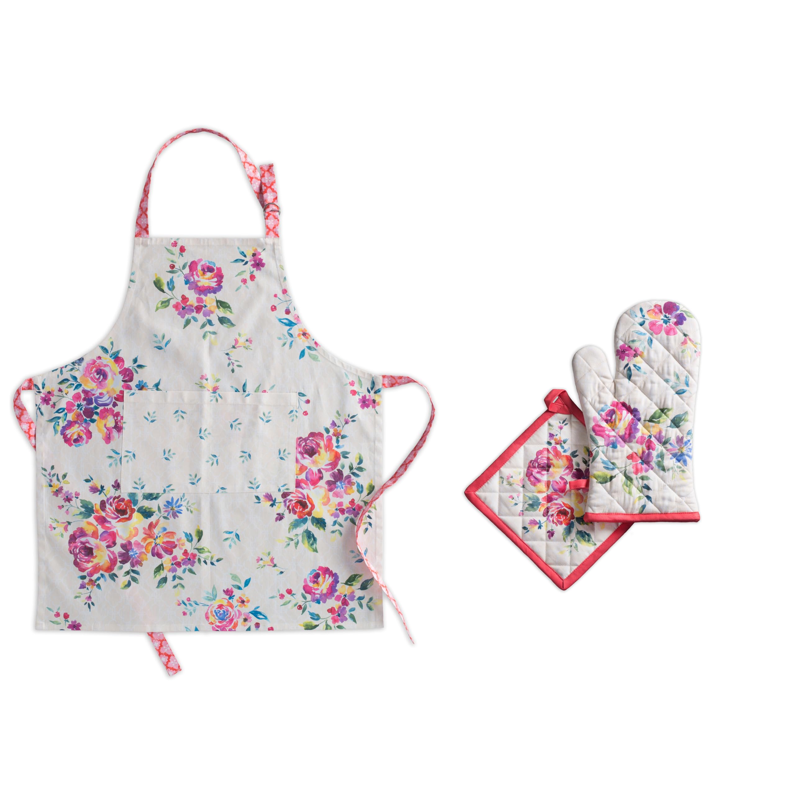 Maison d'Hermine Rose Garden Kitchen Bundle Set - 100% Cotton Apron (27.5x31.5 Inches) & Oven Mitt (7.5x13 Inches) with Pot Holder (8x8 Inches) - Perfect for Baking, Cooking & Home Decor