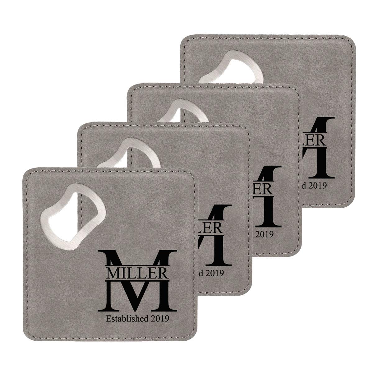 Custom Laser Engraved Bottle Opener Coaster Set - Personalized Gray Bar Coasters for Beer & Wine - Perfect for Home Bars, Man Caves & Wedding Gifts