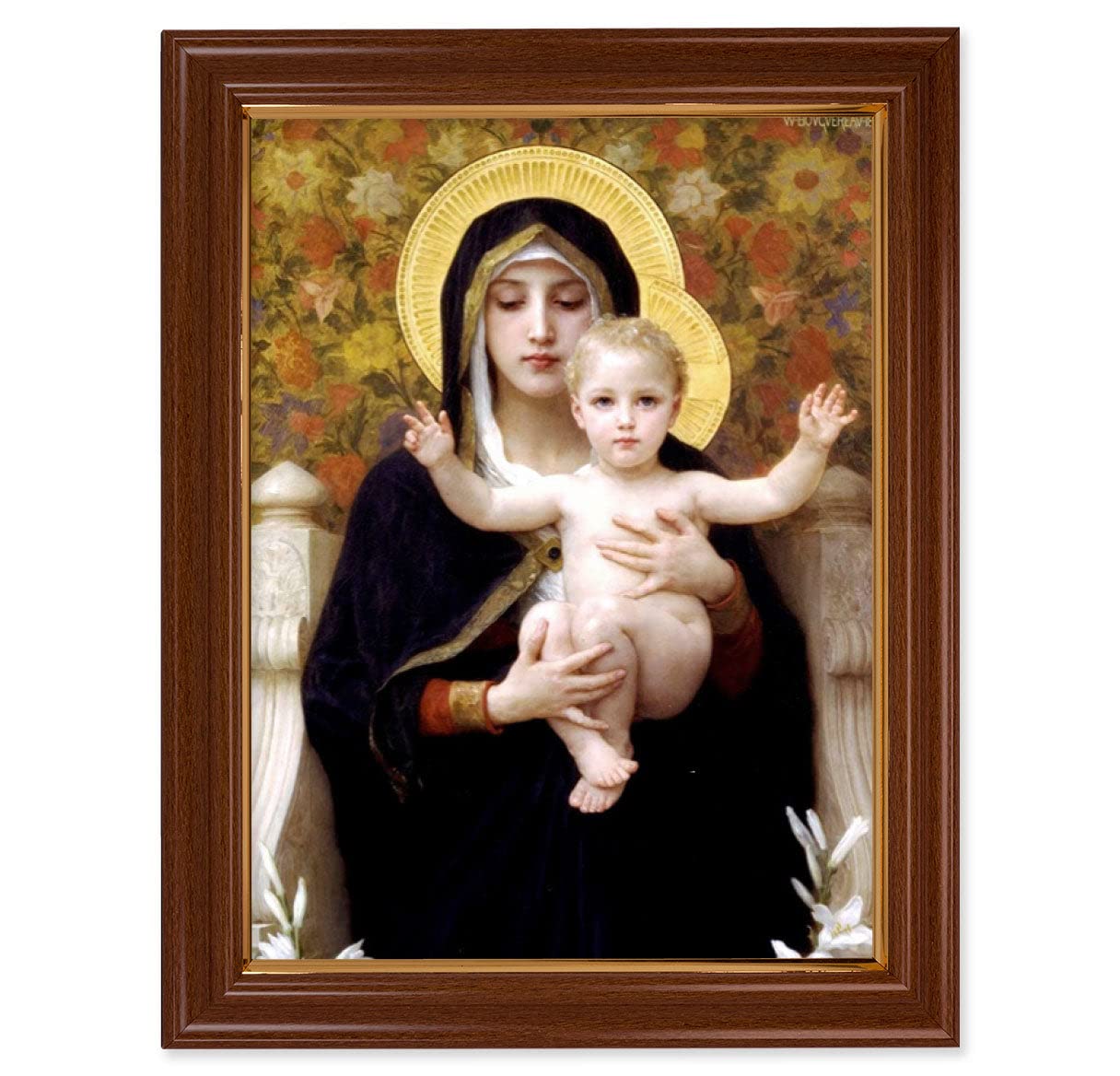 Madonna of the Lilies Framed Wall Art - Extra Large Religious Painting in Traditional Dark Walnut & Gold Accent Frame - Perfect for Living Room, Bedroom or Church Decor