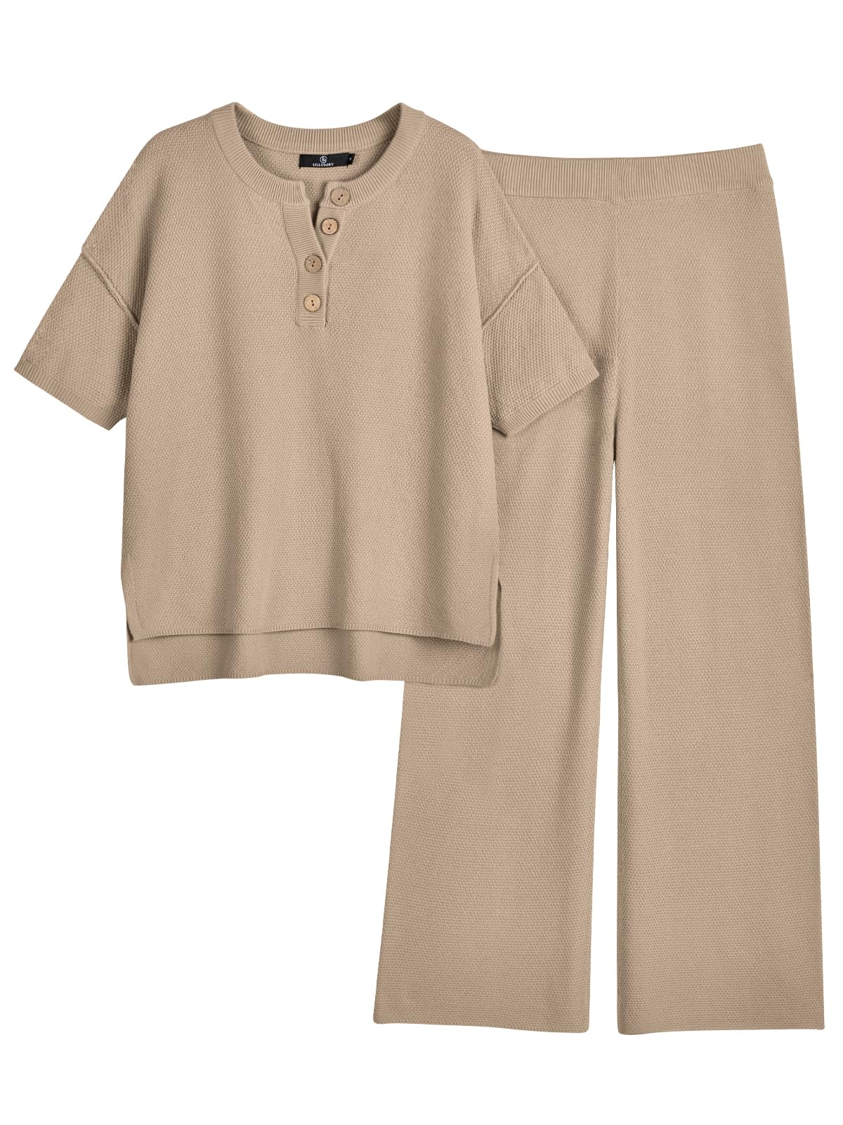 LILLUSORY Women's 2-Piece Lounge Set - Soft Knit Short Sleeve Top & Elastic Waist Pajama Pants | Casual Matching Outfit for Home, Sleepwear, Yoga & Relaxation