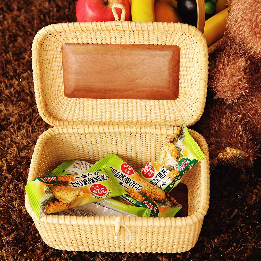 Nantucket Woven Rattan Storage Basket Set with Lid - Handwoven Tea & Fruit Basket, Home Organizer for Shelves, Desktops, and Kitchen | Perfect for Farmhouse Decor, Picnics, and Gift Packaging