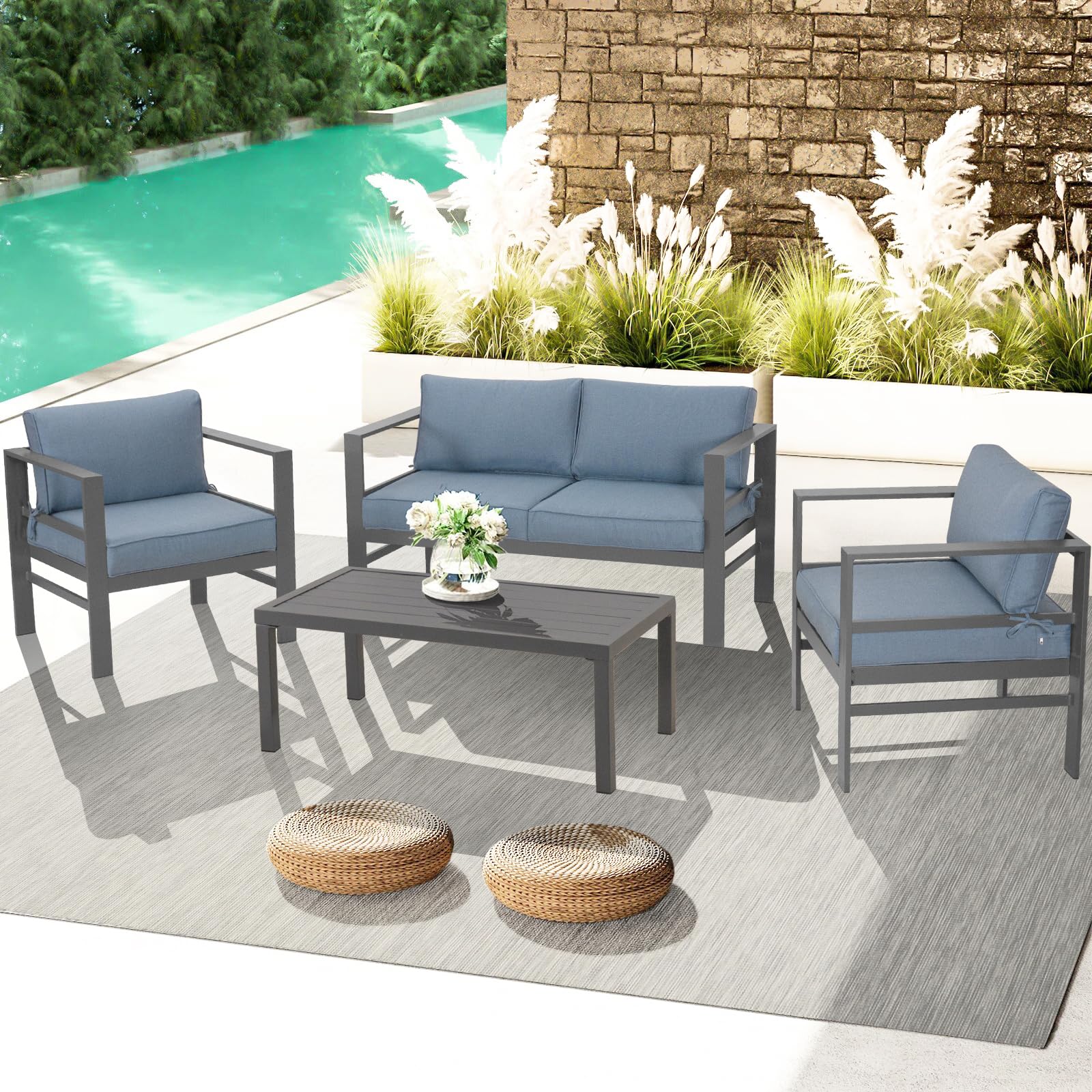 4-Piece Cast Aluminum Outdoor Patio Furniture Set - Modern Grey Metal Frame Sectional Sofa with Blue Cushions & Coffee Table - Perfect for Garden, Backyard, Poolside & Terrace Relaxation