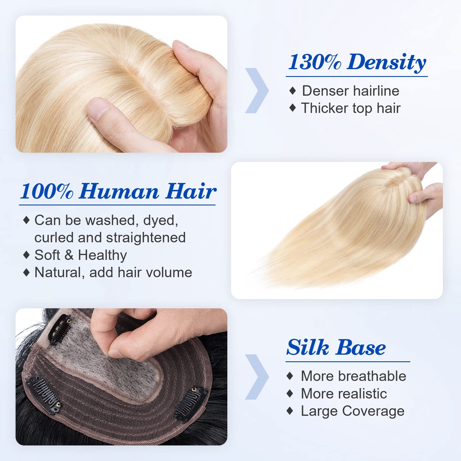 Benehair 10 Inch Real Human Hair Toppers for Women - 130% Density, 4