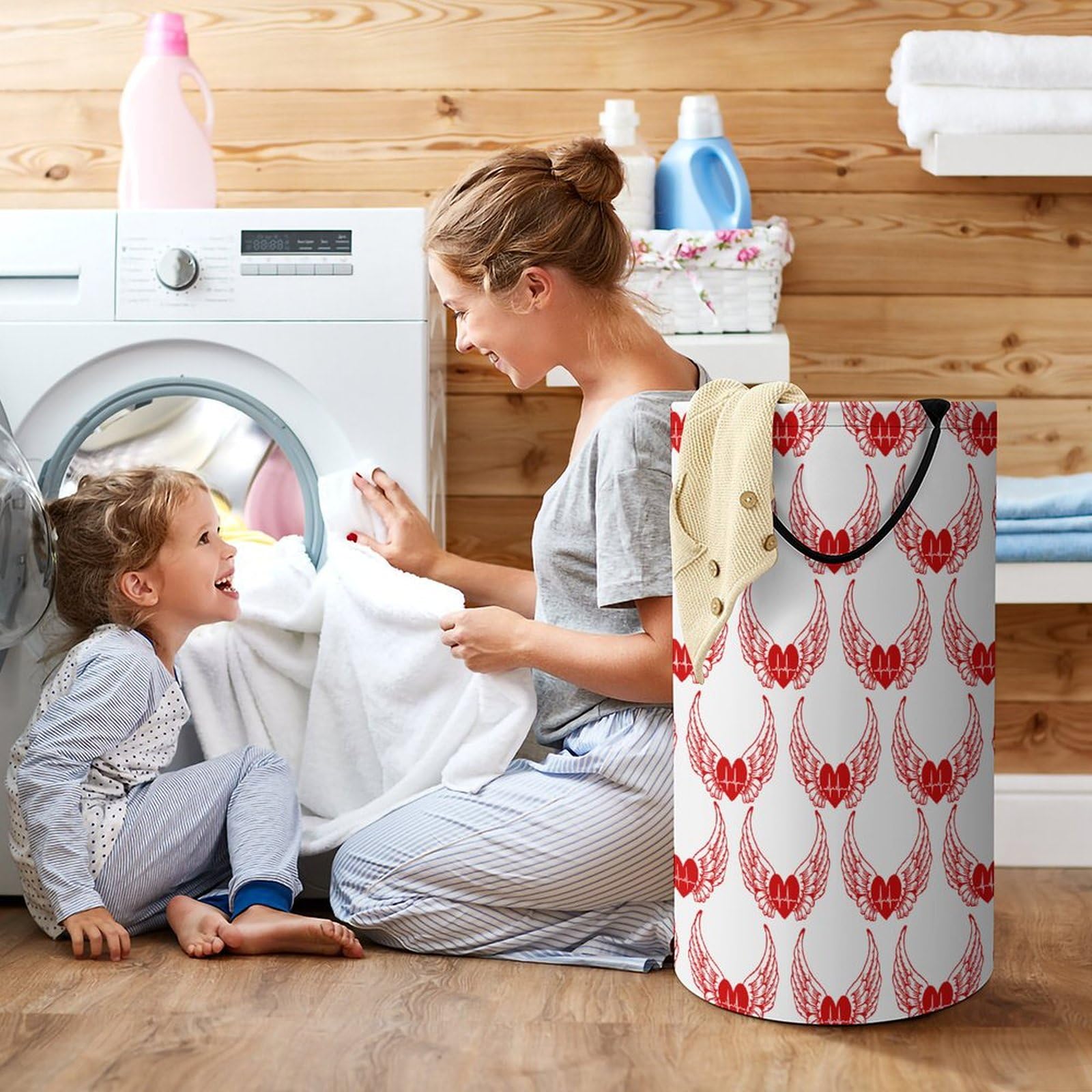 Collapsible Laundry Basket with Handle - Heartbeat Wings Foldable Clothes Hamper for Bedroom, Bathroom & Dorm | Portable Dirty Clothes Storage for Travel & Camping