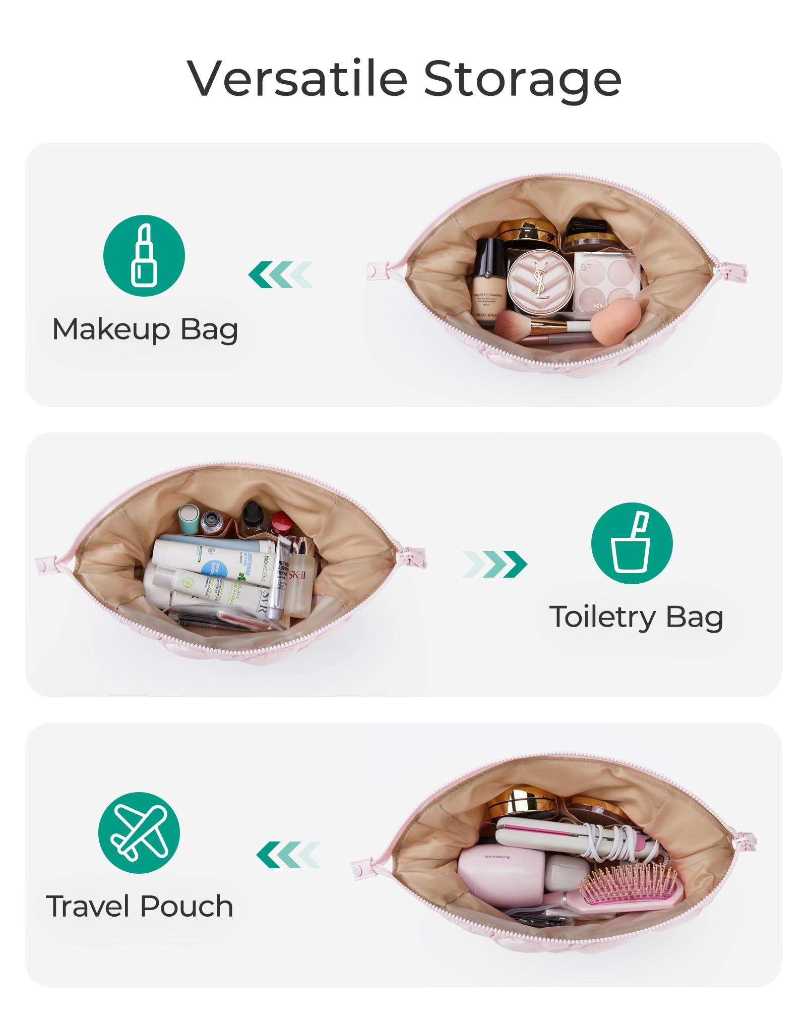 BAGSMART Quilted Travel Makeup Bag for Women - Puffy Toiletry Organizer with Wide Opening, Cosmetic Storage Case - Perfect for Travel, Gym, and Daily Essentials (Black)