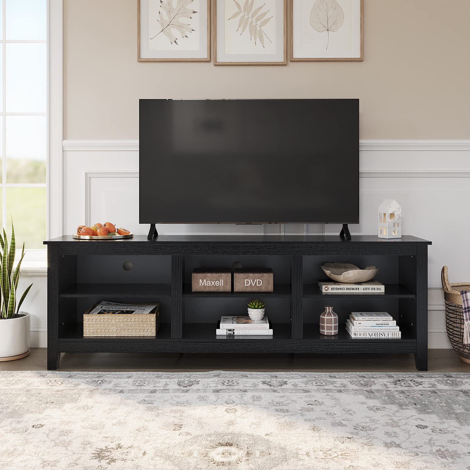 Panana 6-Cubby TV Stand for 80 Inch TVs - Black Media Storage Cabinet with Open Shelves - Perfect for Living Room, Bedroom & Home Theater Setup