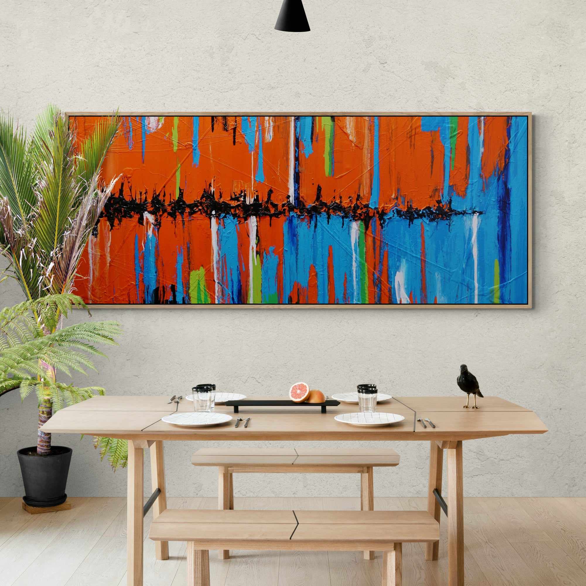 Orange Blue Textured Abstract Painting 240cm x 100cm - Modern Large Wall Art for Living Room, Bedroom & Office Decor