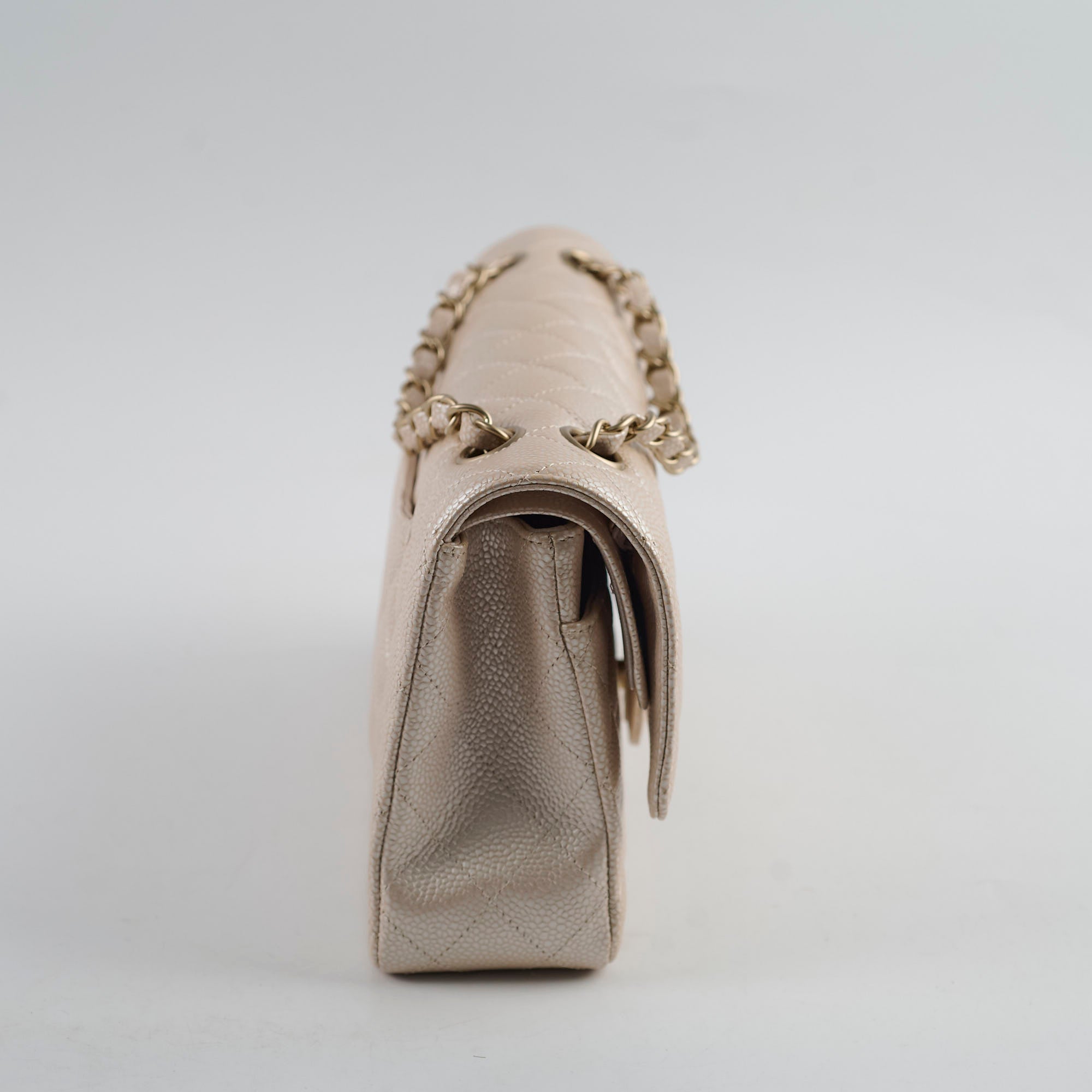 Chanel 12P Classic Flap Medium/Large M/L Pearly Beige Caviar Leather Bag (16 Series) - Luxury Designer Handbag for Women, Perfect for Evening Parties & Special Occasions
