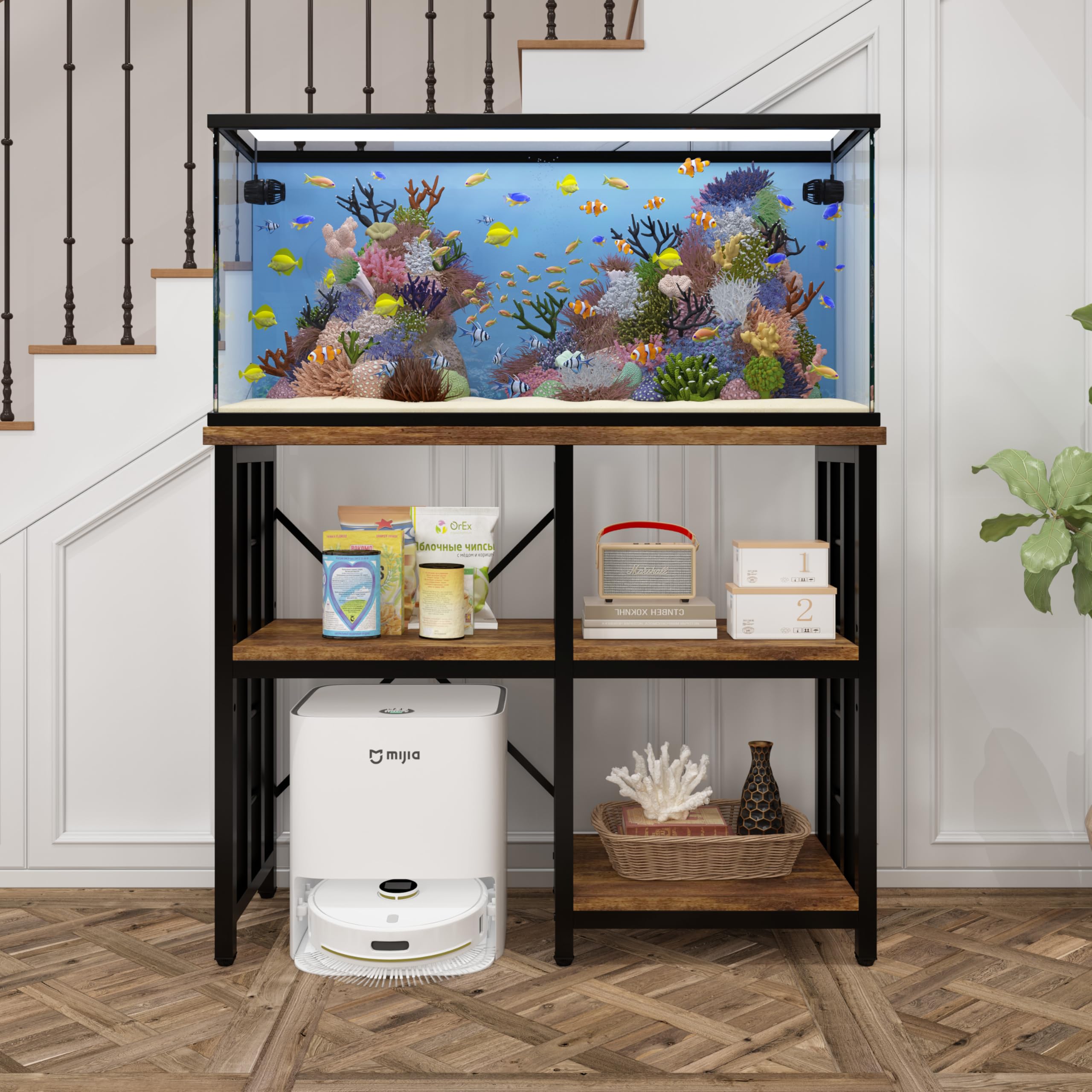 4-Tier Kitchen Baker's Rack with Microwave Stand & Mini Fridge Storage - Rustic Brown Kitchen Organizer Shelf for Spices, Utensils, and Food - Perfect for Coffee Bar, Fish Tank Stand (20-29-37 Gallon), and Small Appliance Organization in Compact Spaces