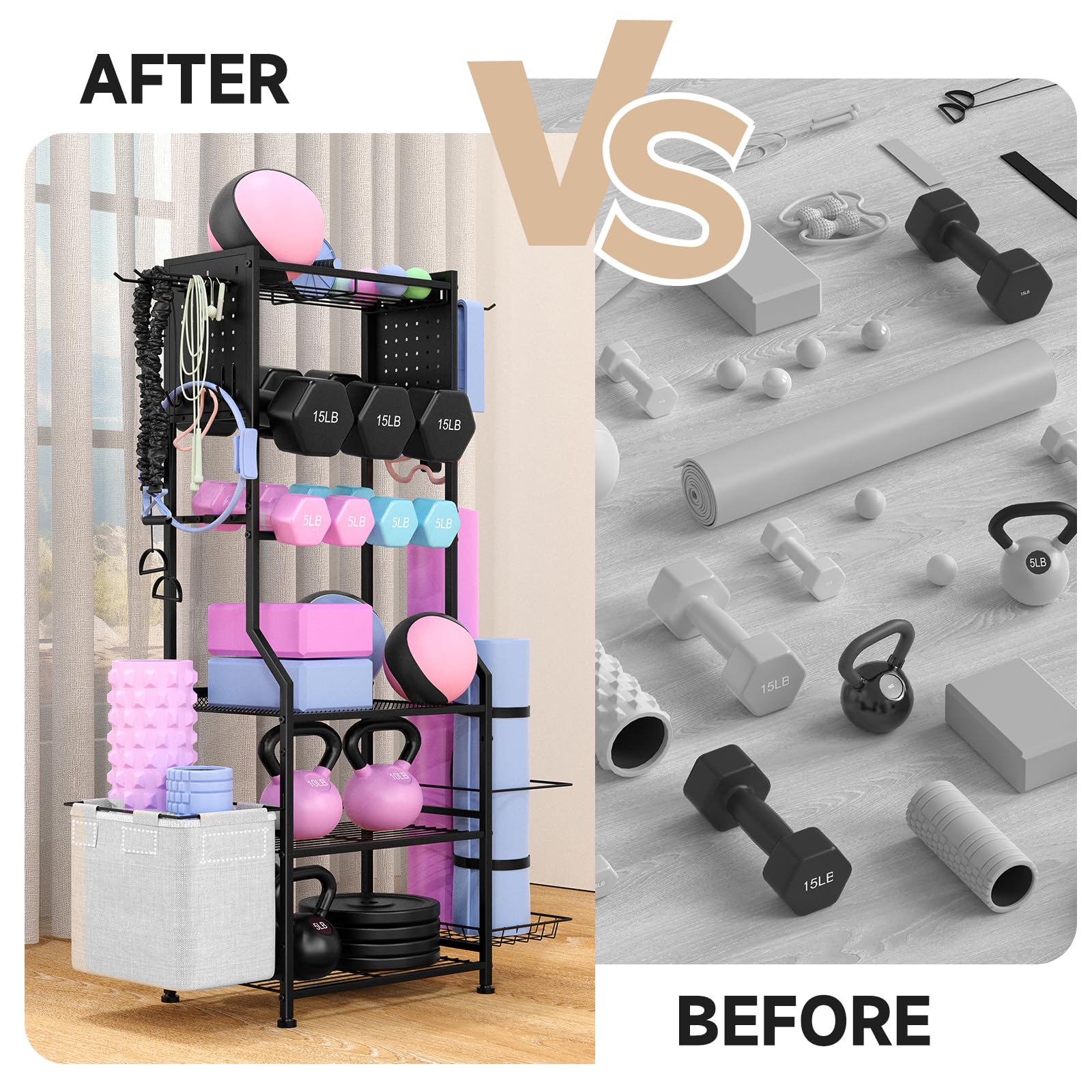 Dumbbell Rack for Home Gym - Heavy Duty Weight Storage Organizer for Dumbbells, Kettlebells, Yoga Mats & Strength Training Equipment with Peg Board - Perfect for Garage, Basement & Home Workout Spaces