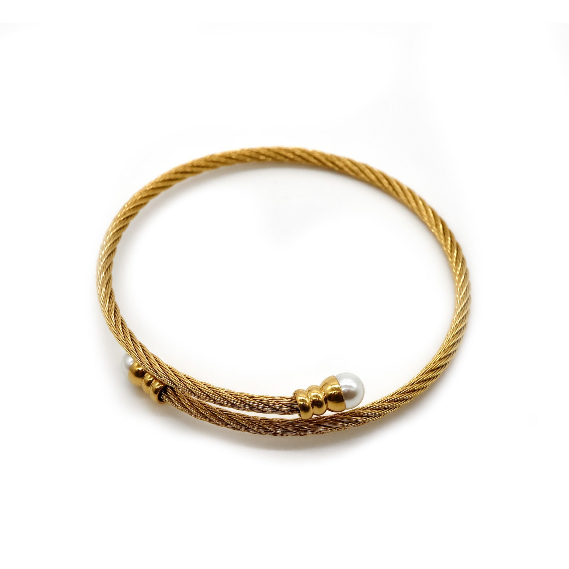 ROMALI 18K Gold Plated Twisted Cable Bracelet with Pearl Accents - Elegant Two-Tone Jewelry for Women, Perfect for Parties, Weddings & Everyday Wear