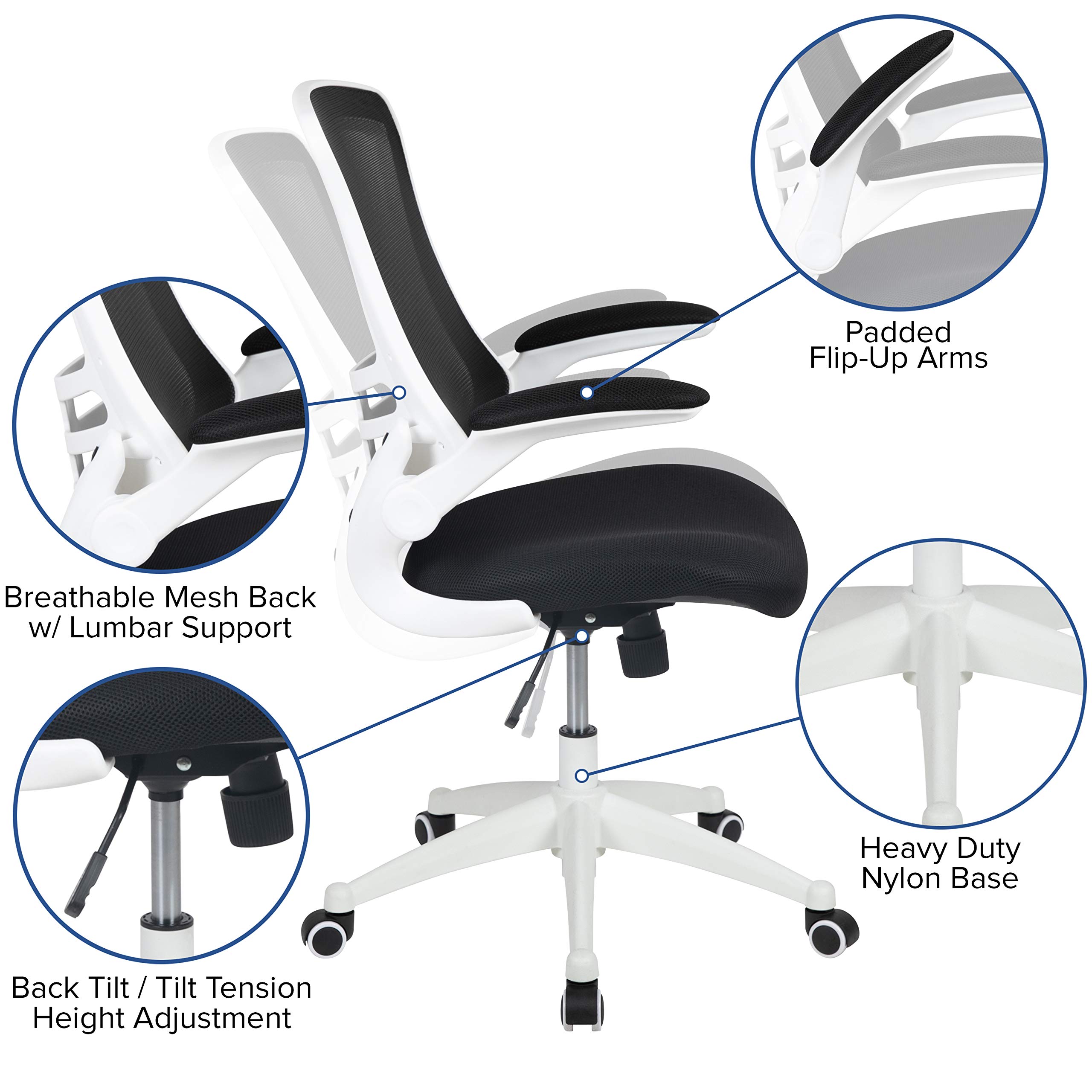 EMMA + OLIVER Black Mesh Ergonomic Office Chair with White Frame - Mid-Back Swivel Task Chair with Flip-Up Arms for Home Office, Gaming & Workspace Comfort