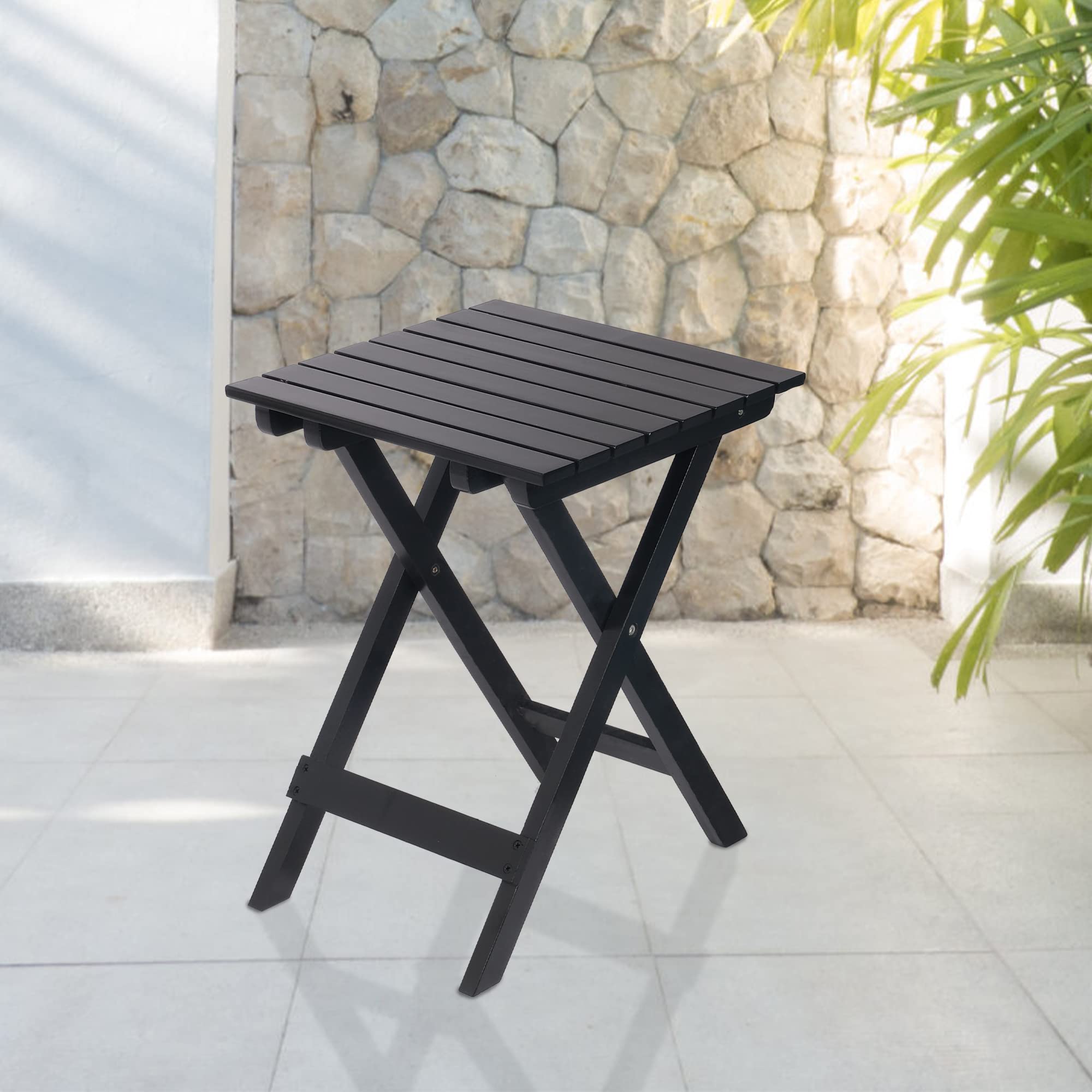 LUCKYERMORE Wooden Folding Square Side Table - Outdoor Patio End Table for Poolside, Backyard & Garden - Black | Perfect for Drinks, Books & Decor by Pool, Patio or Balcony
