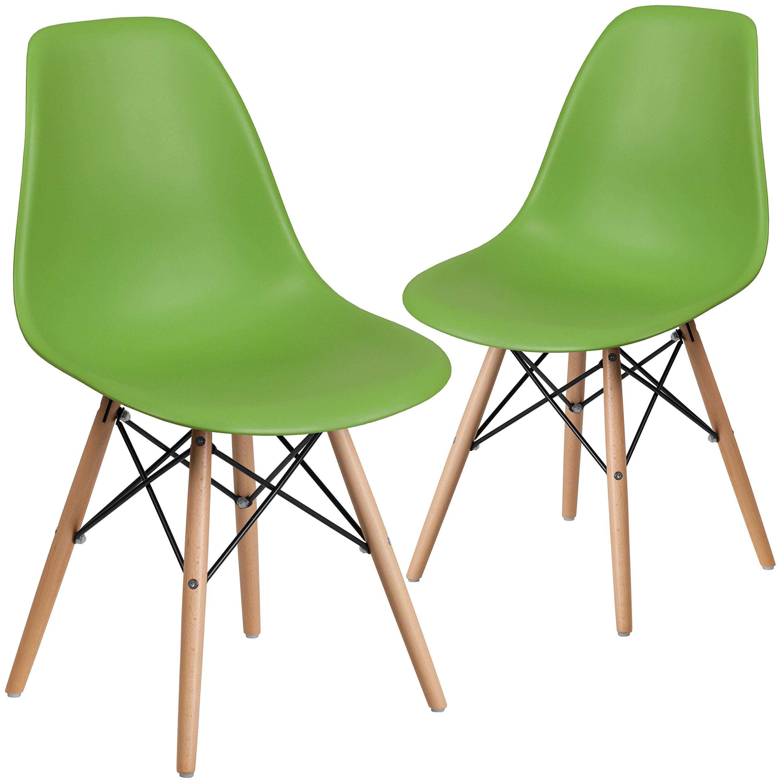 2 Pack Green Plastic Chairs with Wooden Legs - Durable Outdoor & Indoor Seating - Side Chairs for Restaurants, Cafes, and Patio Use