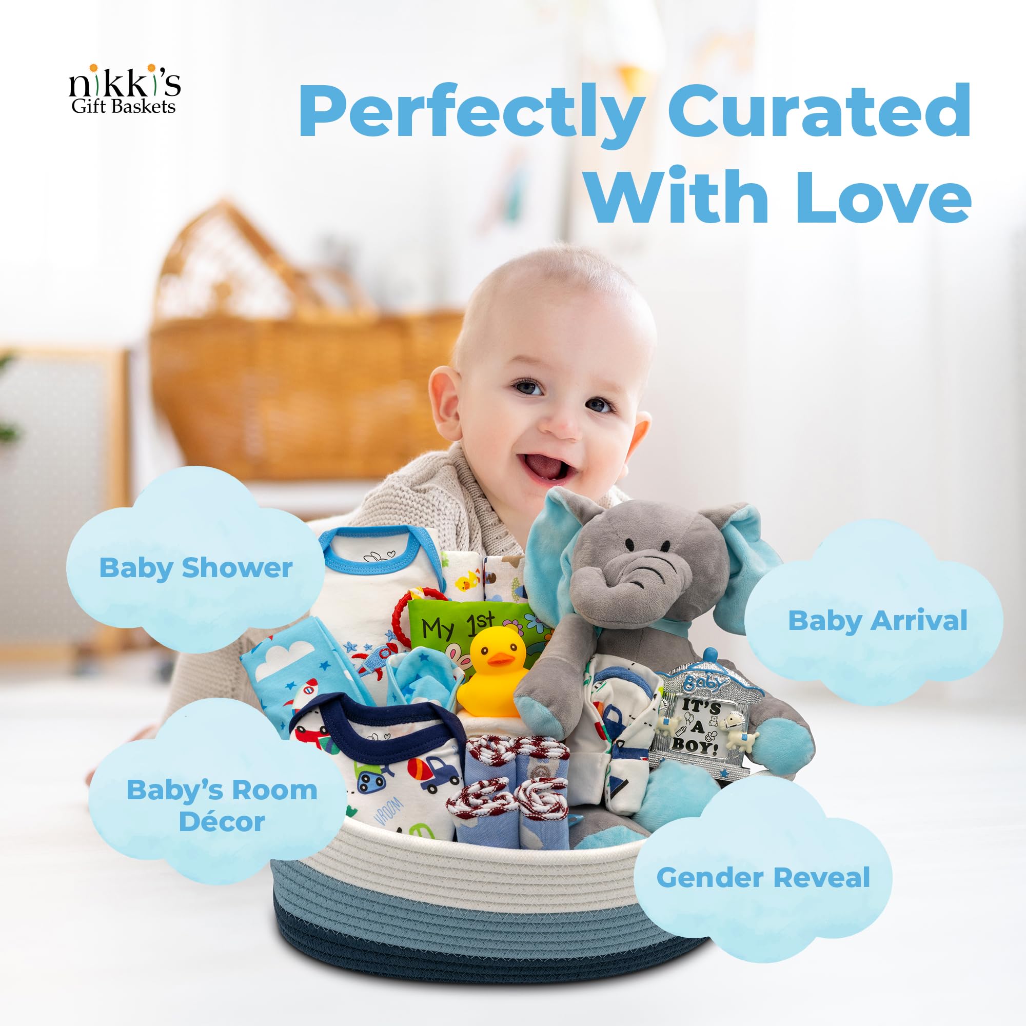 Premium Newborn Baby Boy Gift Basket Set - Complete Baby Essentials & Layette in Blue | Perfect Baby Shower Gift for Expecting Moms | Thoughtful Present for New Parents | Ideal for Hospital Welcome, Christening & First Birthday Celebrations | by Nikki's Gift Baskets