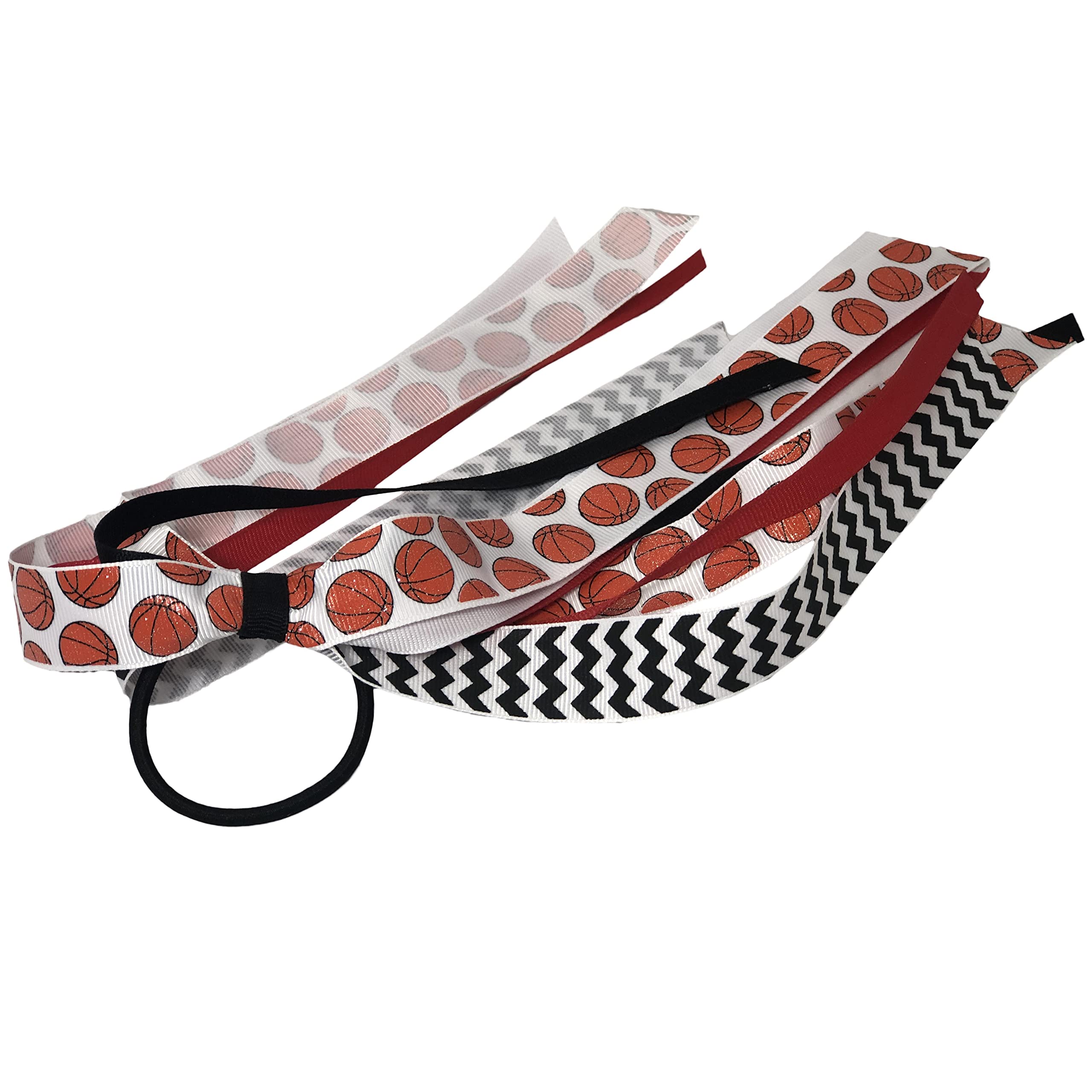 Black, Red & White Glitter Basketball Pony Streamer Hair Bows with Ribbons - Cheerleading Accessories for Sports Games, Team Spirit & School Events