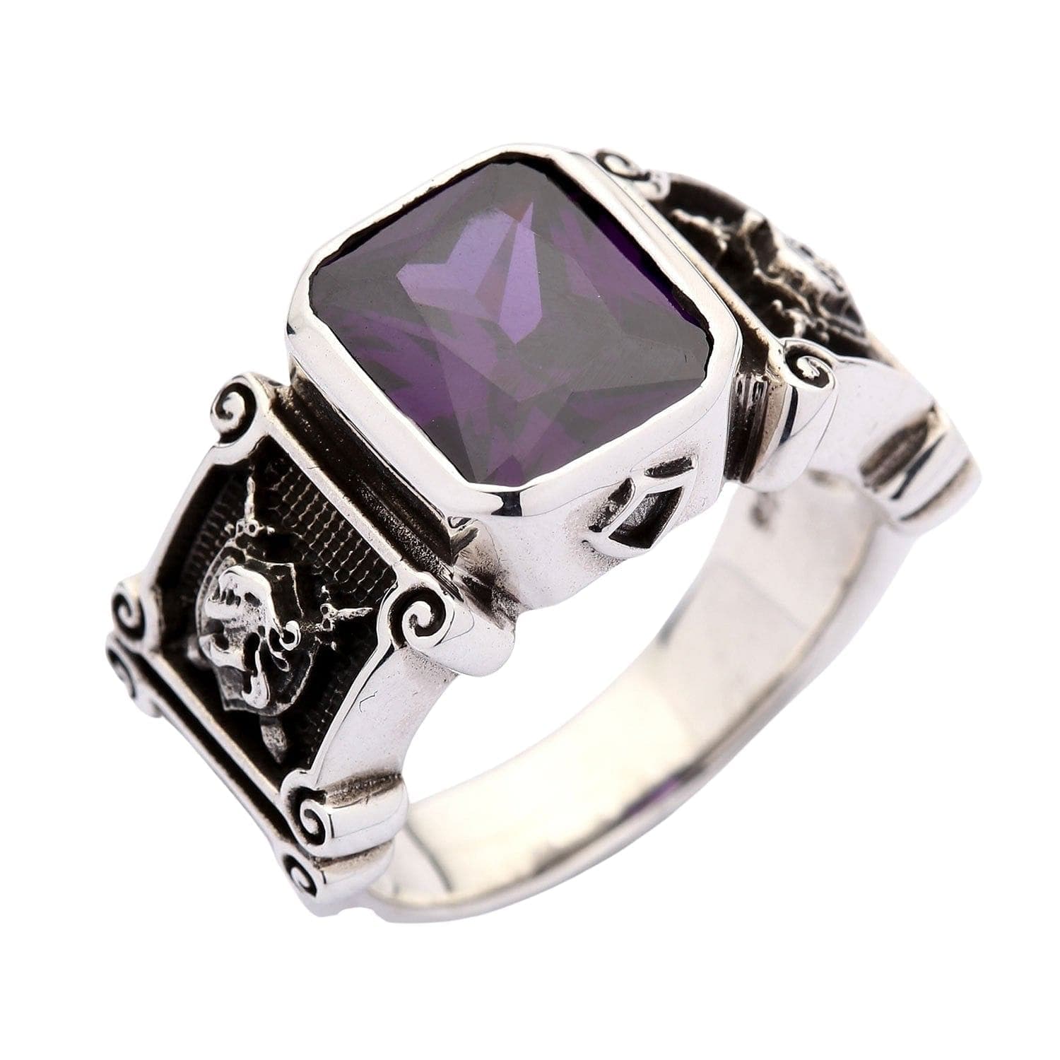 Amethyst Knight Sterling Silver Medieval Ring for Men & Women – Gothic Jewelry, Fantasy Wedding Band, LARP Costume Accessory