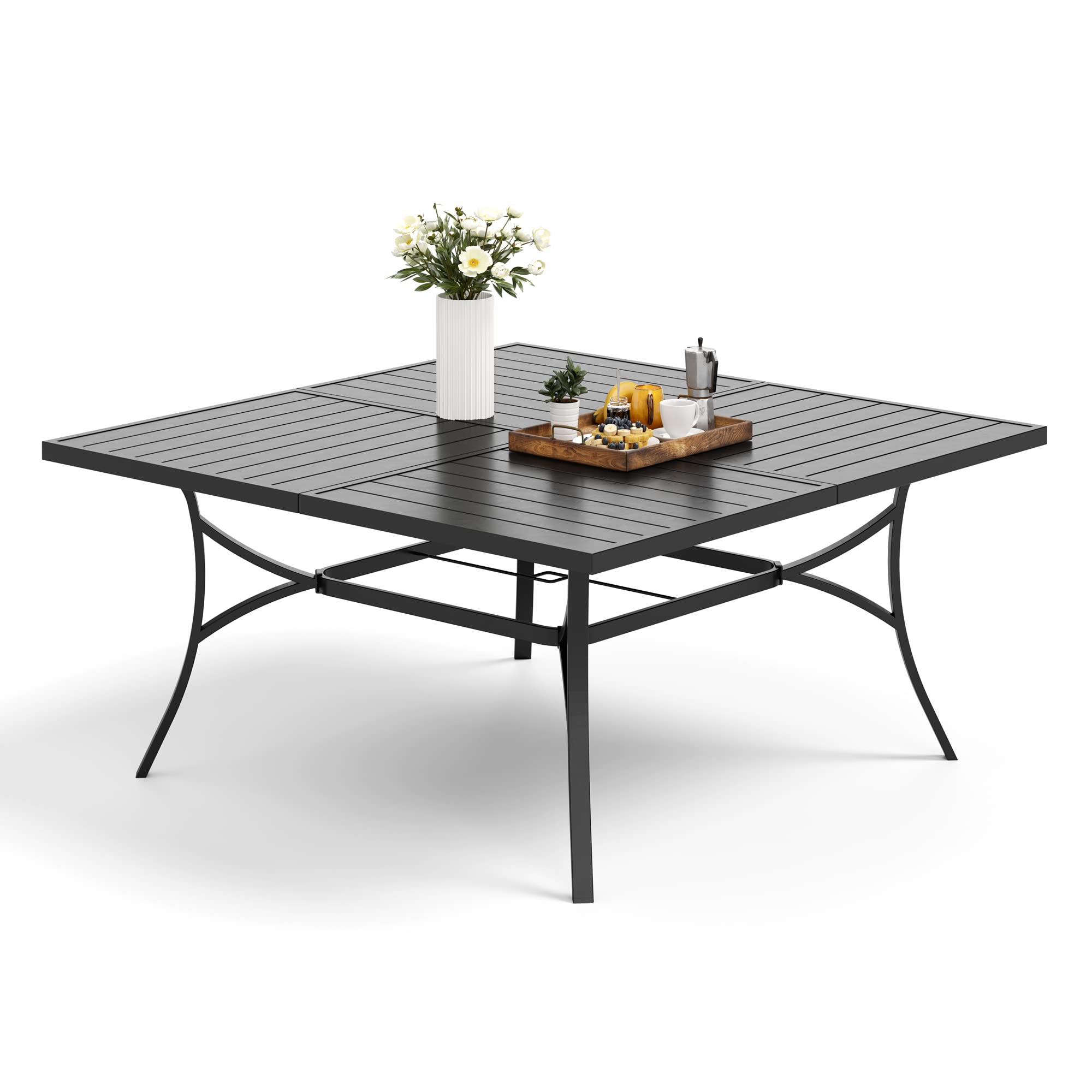 MFSTUDIO 60 Inch Square Metal Outdoor Dining Table - Large 8 Person Patio Table with Adjustable Umbrella Hole - Perfect for Deck, Backyard, Lawn, Garden, Poolside & Outdoor Entertaining (Black)