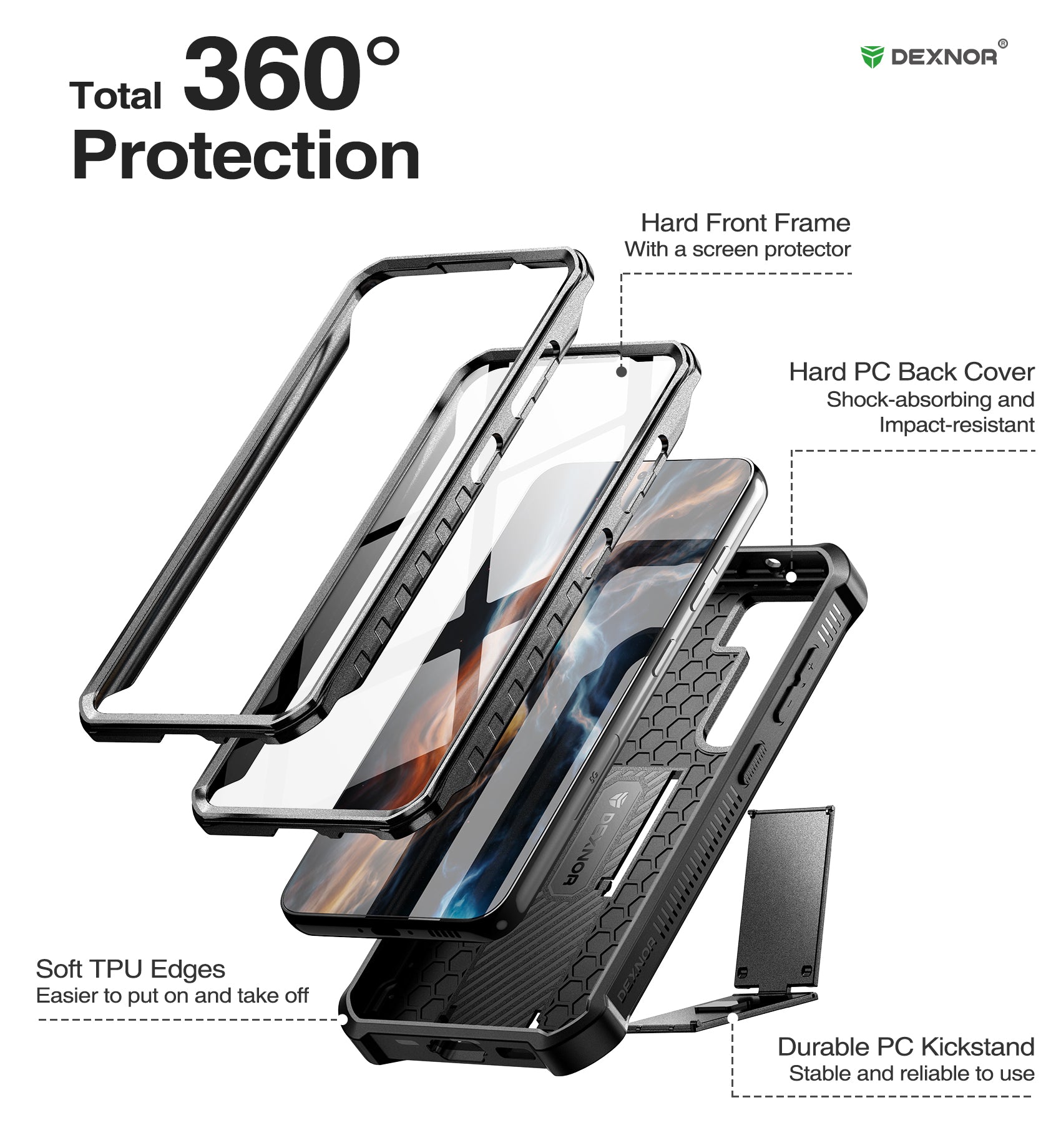Dexnor Heavy Duty Shockproof Rugged Case for Samsung Galaxy S23 with Built-in Screen Protector & Kickstand - Full Body Protection for Outdoor, Work, and Daily Use