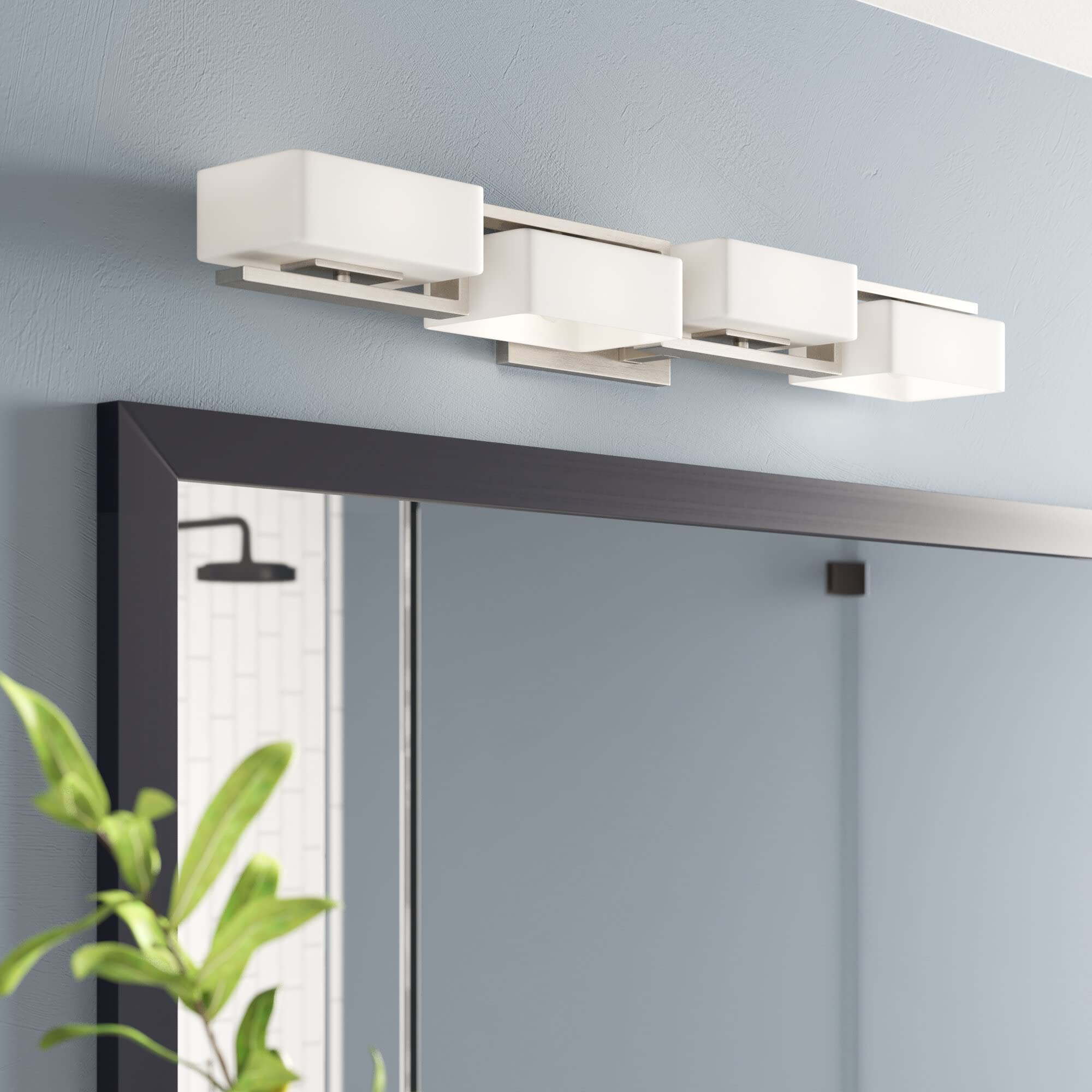 Designers Fountain 6714-SP 33.75 Inch Meridian 4-Light Bathroom Vanity Light Fixture in Satin Platinum - Perfect for Modern Bathroom Makeovers & Spa-Like Lighting