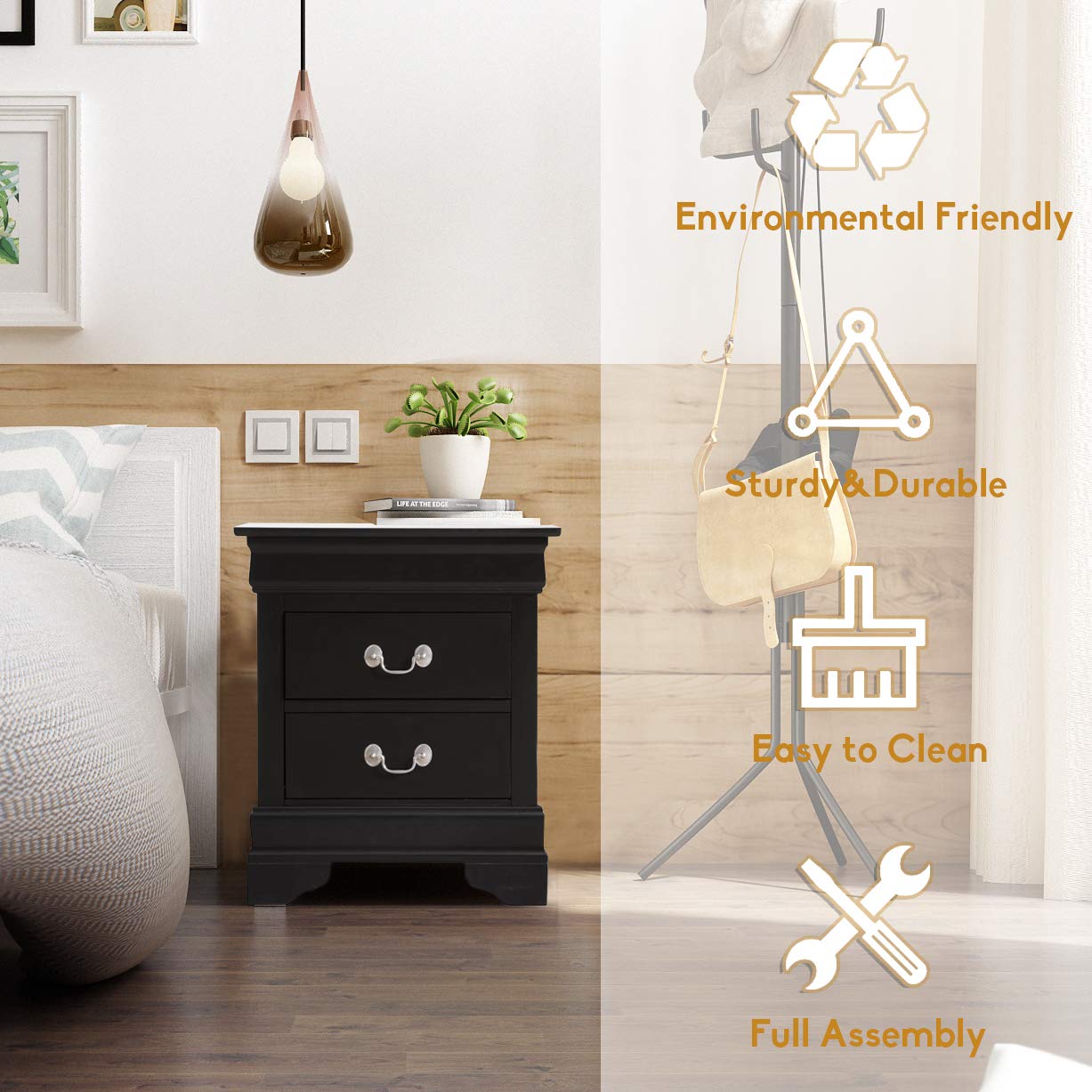 Modern 2-Drawer Nightstand with Handle - Solid Wood Bedside Table for Bedroom, Living Room & Dorm - No Assembly Needed (Black) | Stylish Home Decor & Functional Storage Solution
