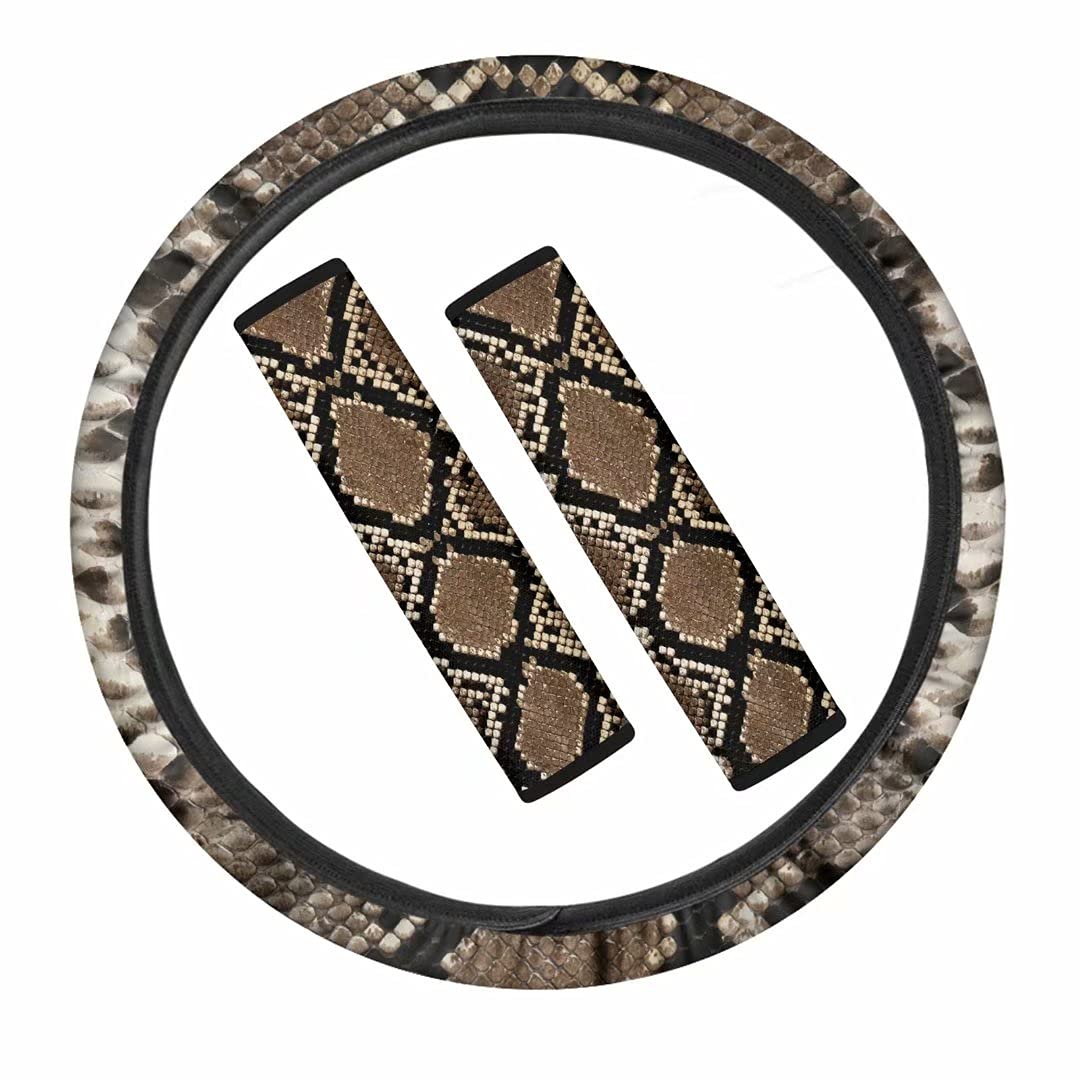 Youngerbaby Snake Print Car Steering Wheel Cover + 2 Seat Belt Pads - Non-Slip Auto Interior Accessories Set for Women & Girls | Perfect for Summer Driving Comfort & Style