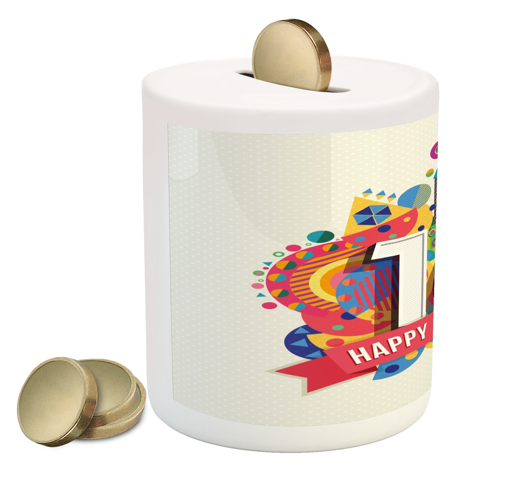 Ambesonne 16th Birthday Piggy Bank - Geometric & Urban Style Ceramic Money Box for Cash Savings | Funky Modern Design Printed Coin Bank | Perfect Gift for Teens, Birthday Parties & Money Saving Goals