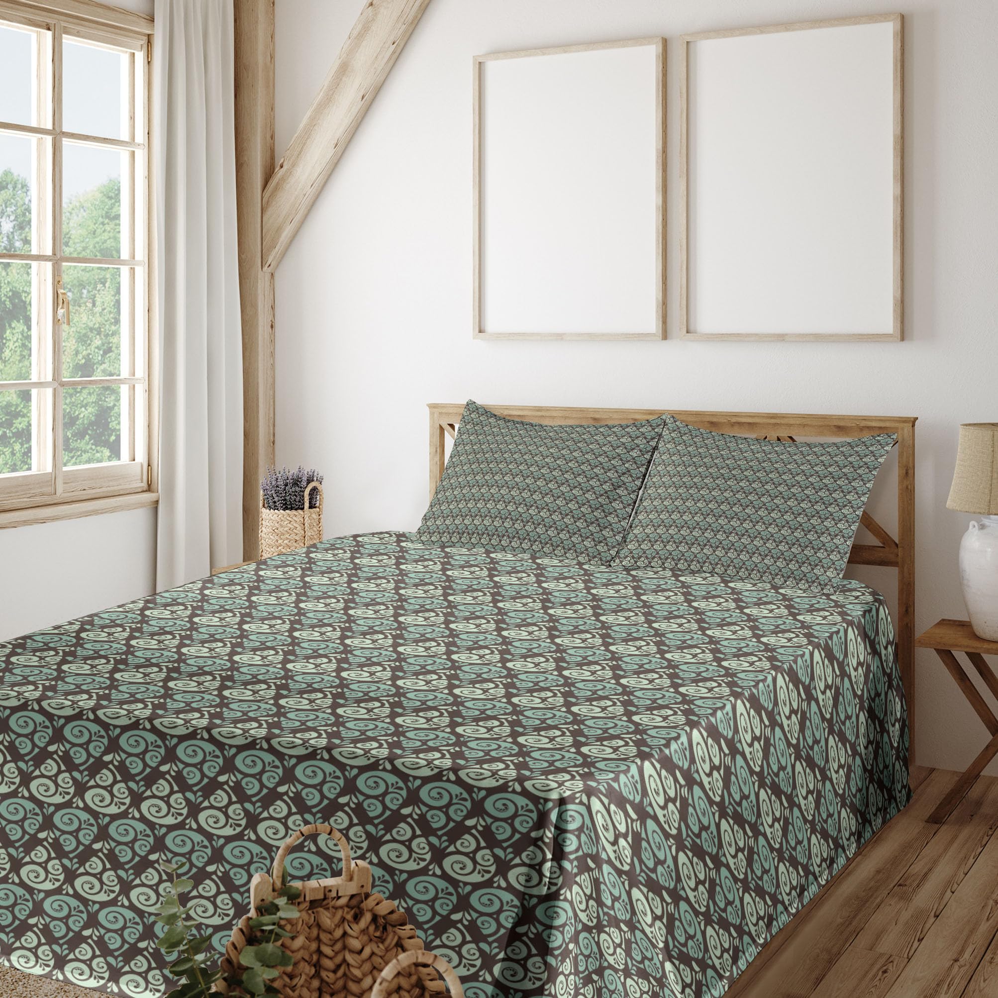 Ambesonne Abstract Raindrop Pattern Bed Sheet Set - 4 Piece Full Size with Fitted Sheet, Flat Sheet & Pillowcases - Mint Green Seafoam Brown Swirl Design - Soft Weather-Themed Bedding for Modern Bedrooms & Guest Rooms