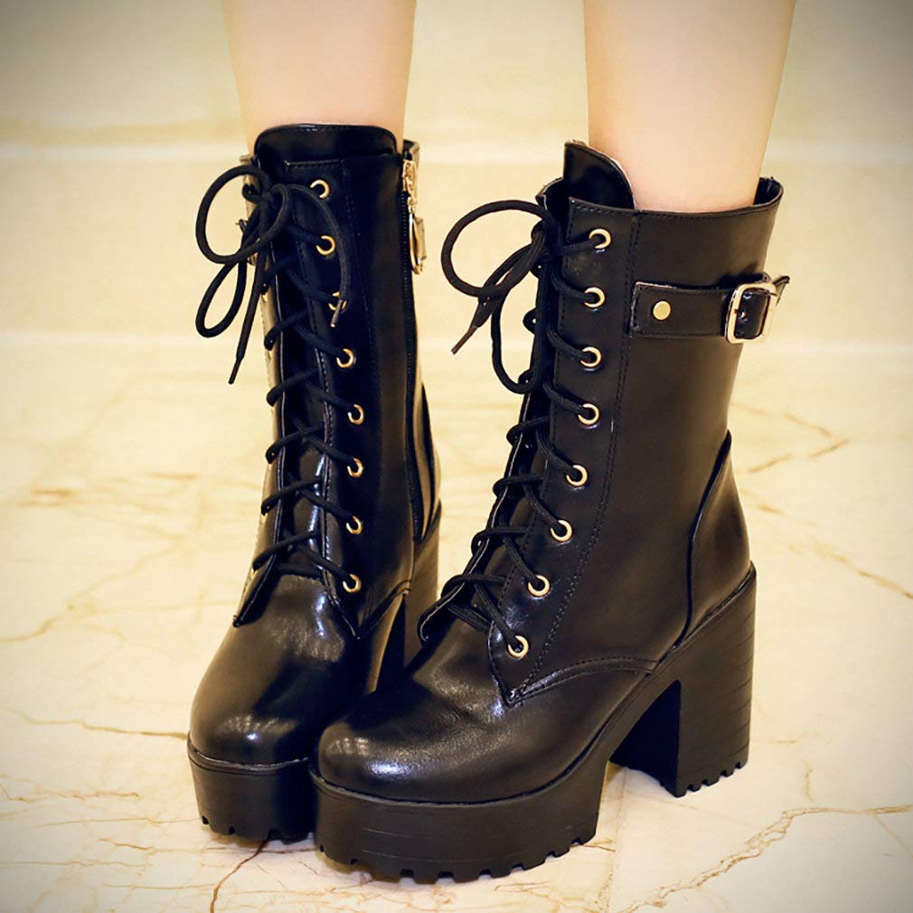 Parisuit Women's Chunky Heel Combat Boots - Lace Up Ankle Boots with Buckle Detail, Platform Goth Motorcycle Shoes for Women | Perfect for Punk Fashion, Night Out & Street Style