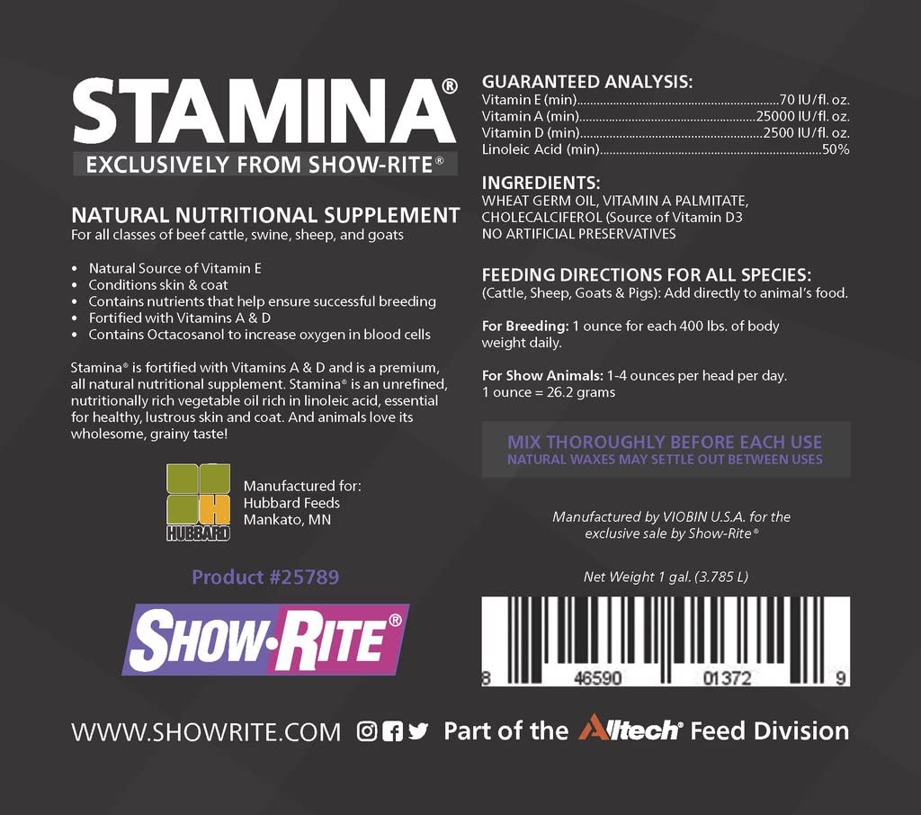 Show-Rite Stamina Supplement for Cows, Sheep, Goats, Pigs & Horses - Premium Livestock Energy Booster for Farm Animals - Ideal for Breeding, Show & Work Performance