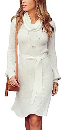 LASCANA Women's Cowl Neck Sweater Dress - White Short Sleeve Casual Summer Dress for Ladies | Perfect for Beach Outings, Date Nights & Office Wear