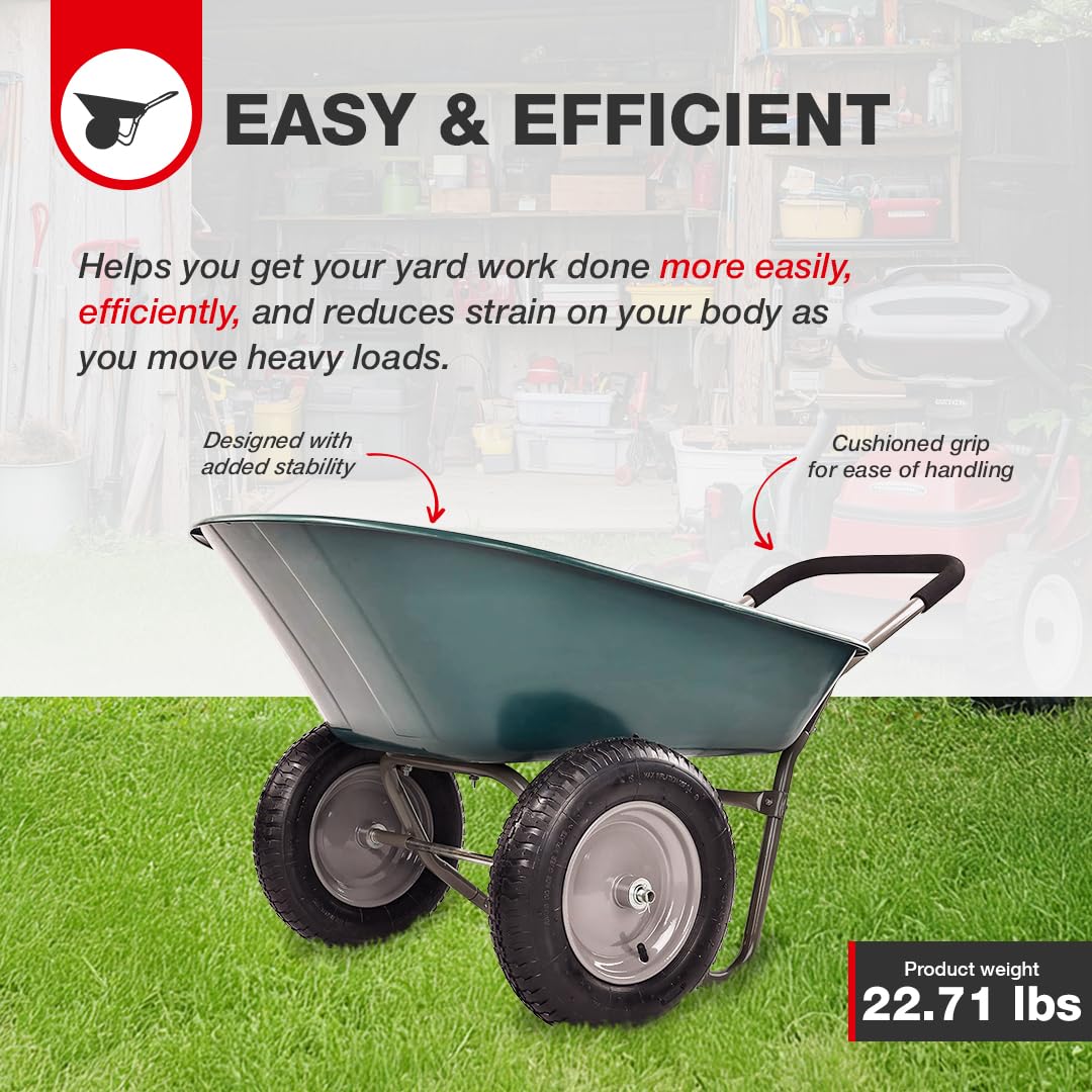 2 Wheel Heavy Duty Garden Wheelbarrow with Built-in Stand - Green Utility Yard Cart for Gardening, Landscaping & Home Improvement Projects