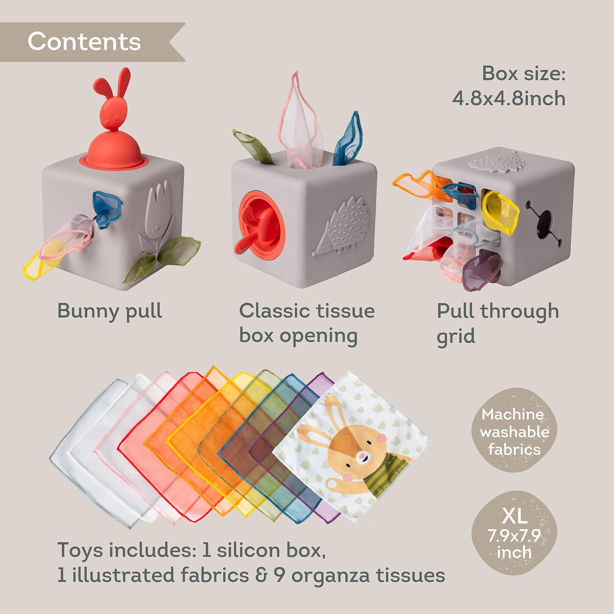 Taf Toys Baby Tissue Box - Montessori Sensory & Motor Skills Development Toy for 1 Year Old Boys & Girls | Includes 10 Fabric Tissues & Pop-Up Bunny | Perfect for Preschool Learning, Teething Relief & Independent Play