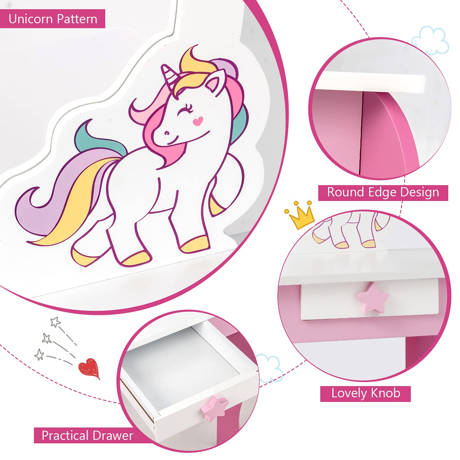 **Pink Princess Vanity Set for Toddler Girls - Kids Makeup Table with Stool, Detachable Mirror & Storage Drawer - Pretend Play Dressing & Makeup Toy for Birthday Gifts & Room Decor**