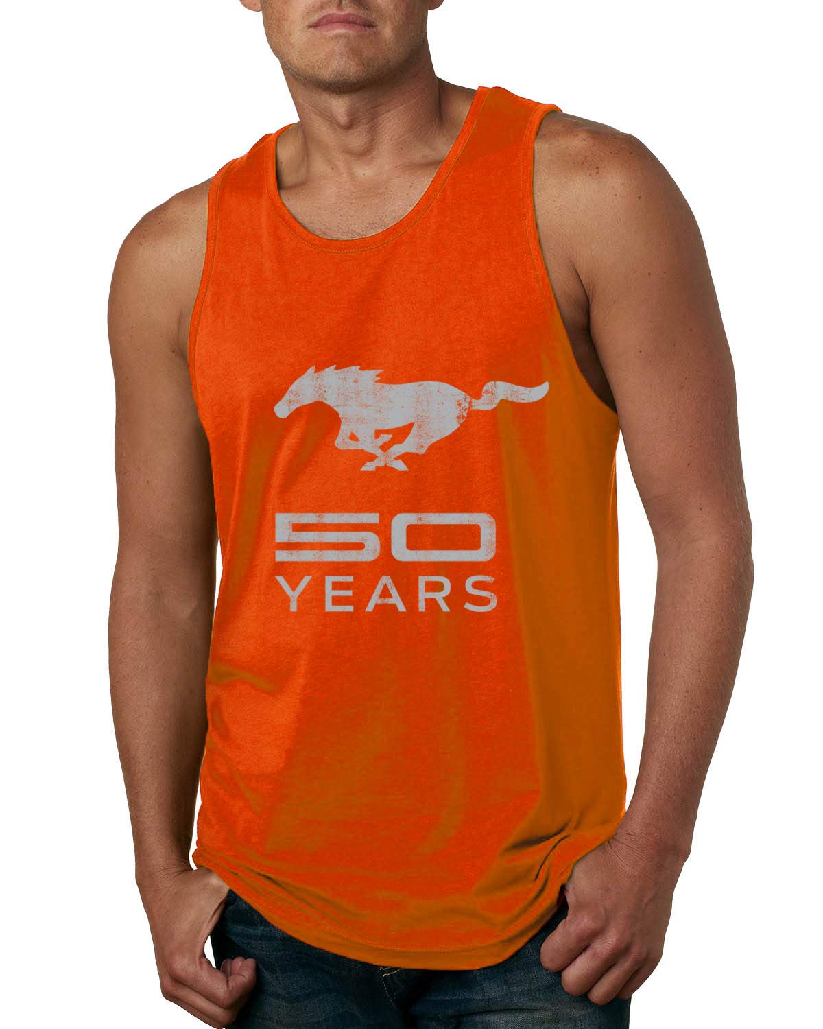 Vintage Ford Mustang Logo 50th Anniversary Emblem Men's Graphic Tank Top - Classic Muscle Car Apparel for Car Shows & Casual Wear