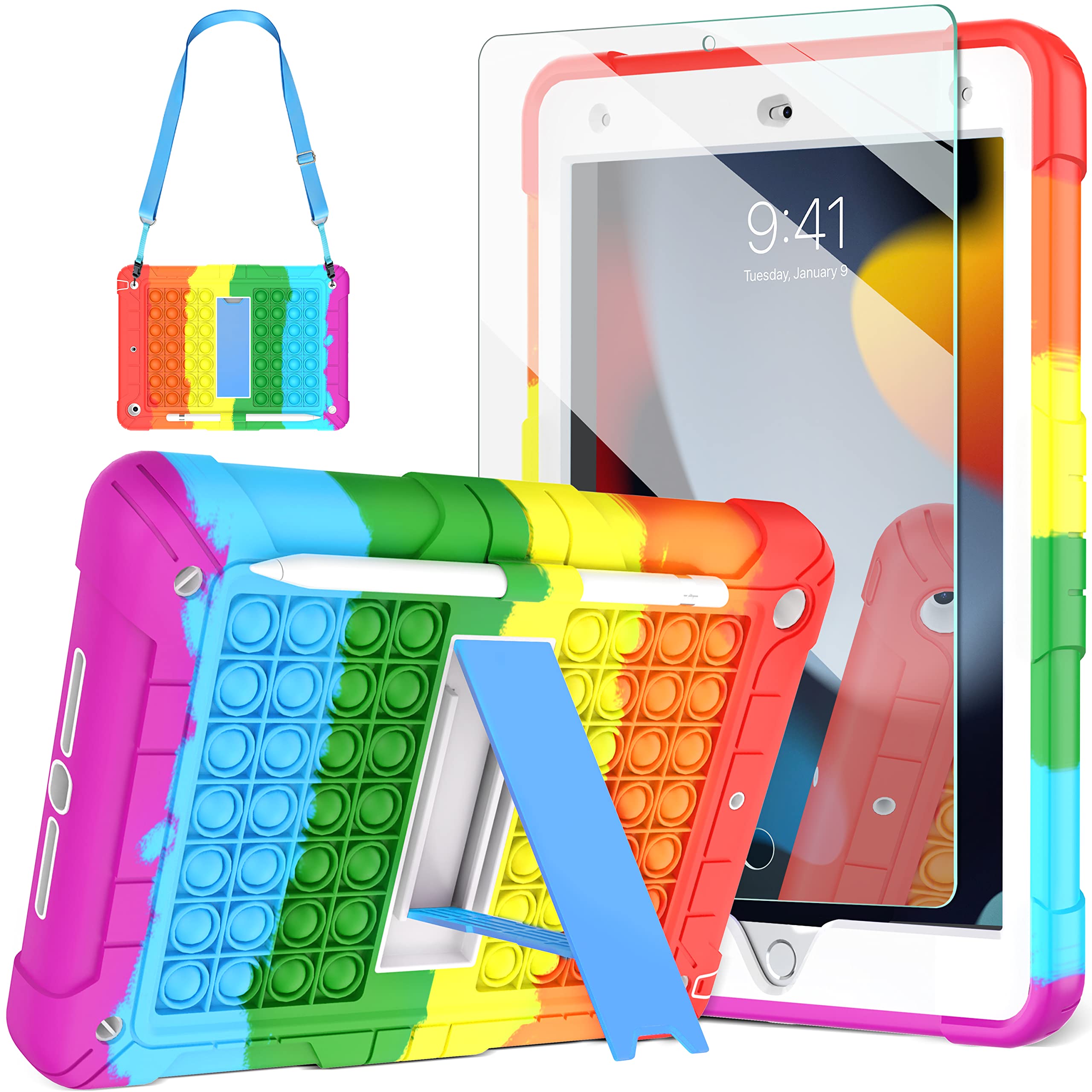 **iPad 9th/8th/7th Generation Case 10.2 Inch with 9H Tempered Glass Screen Protector, Pencil Holder, Kickstand & Shoulder Strap – Shockproof Kids Protective Cover for iPad 10.2