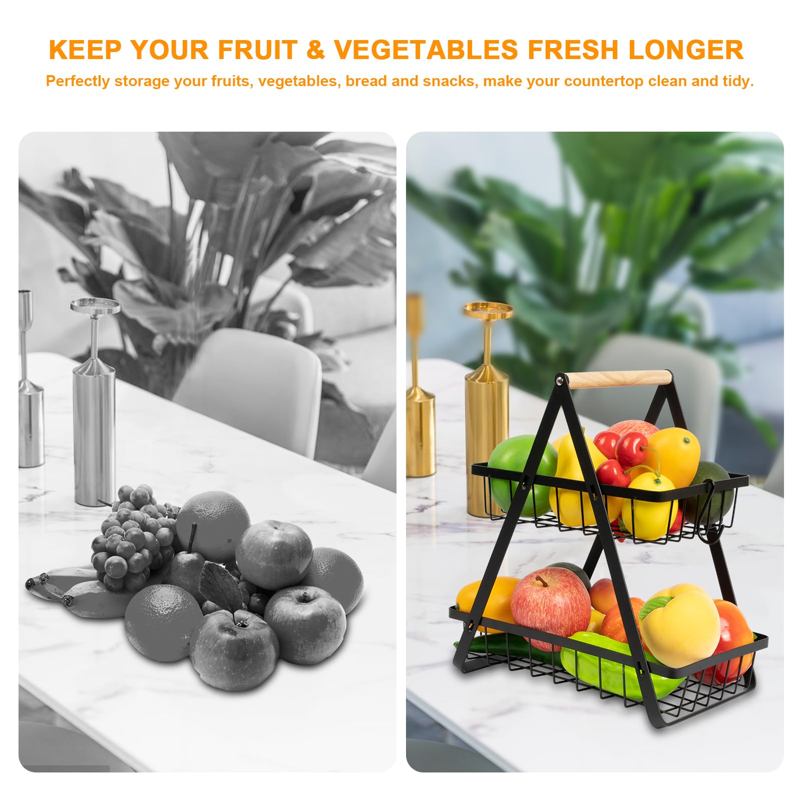 2 Tier Wooden Fruit Basket with Banana Hanger & Detachable Metal Holder - Kitchen Storage Organizer for Fruits, Vegetables, Bread & Snacks - Perfect for Countertop, Pantry & Dining Table Organization