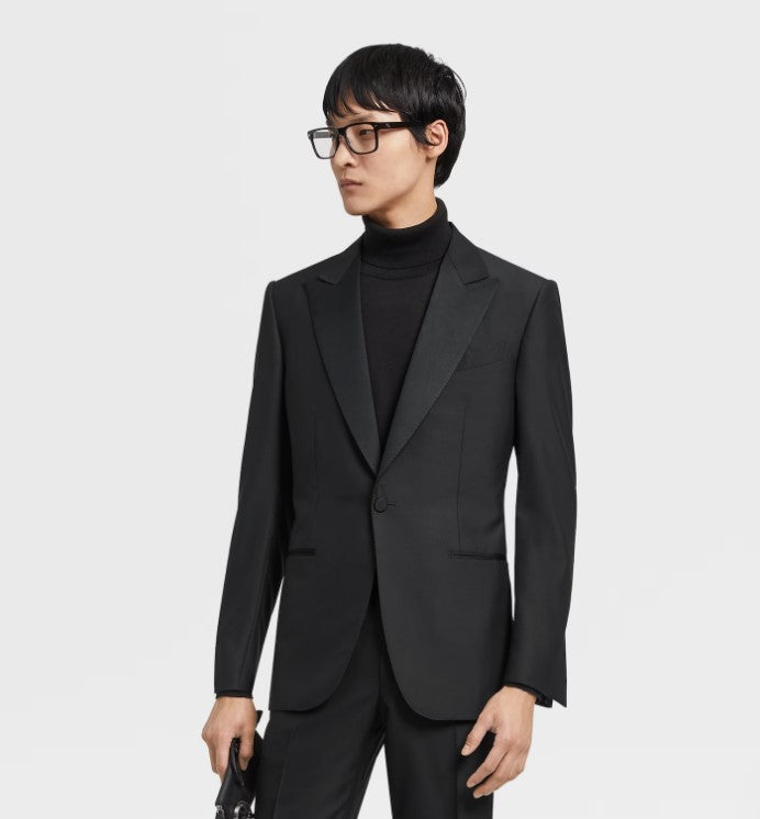 ZEGNA Men's Black Solid Tuxedo Suit - Premium Trofeo 600 Wool for Formal Events, Weddings & Evening Gala