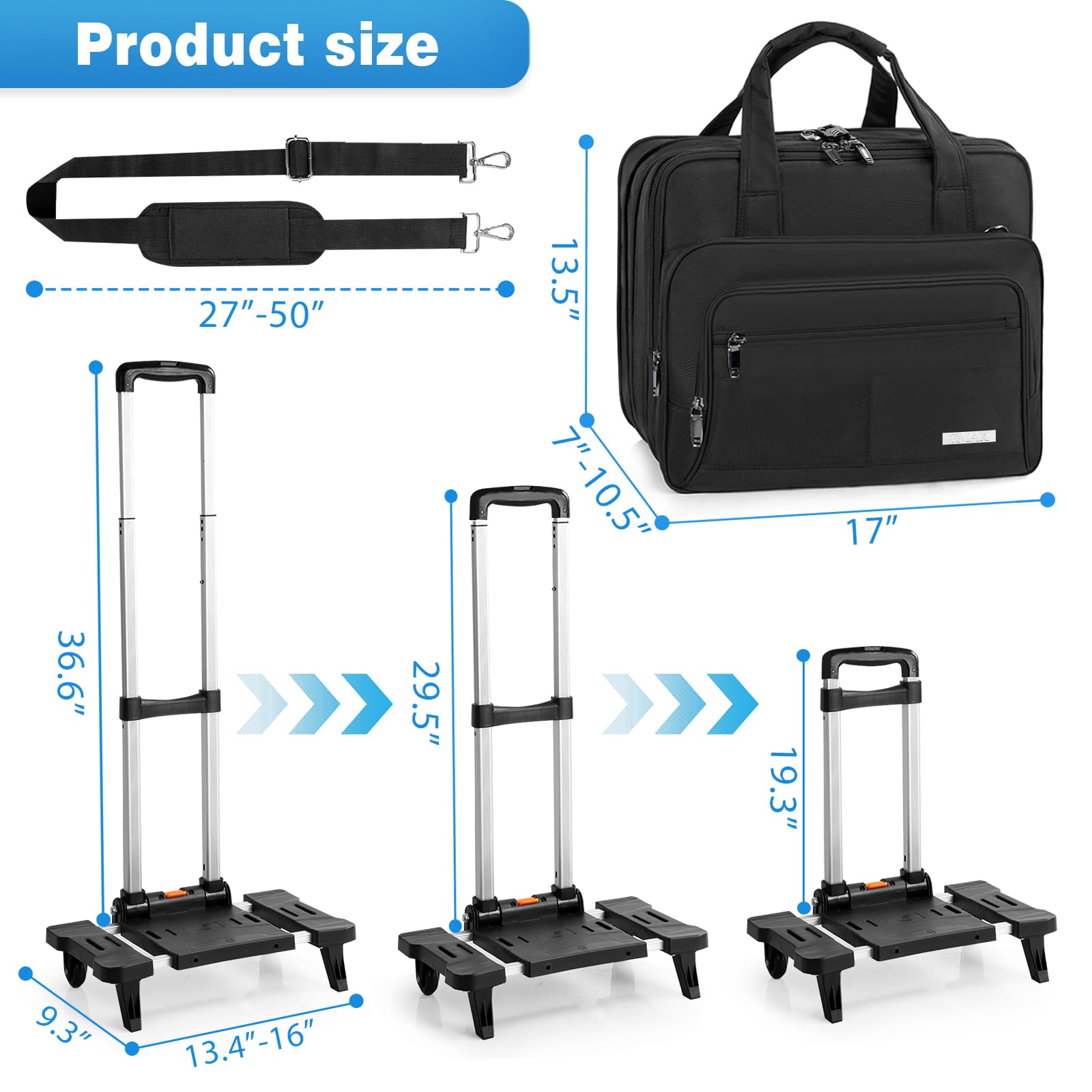 GMAK 16.5 Inch Rolling Laptop Bag for Women & Men - Wheeled Briefcase with Removable Trolley, Durable Computer Bag for Work, Business, Travel, Overnight Trips, and Carry-On Convenience, Black
