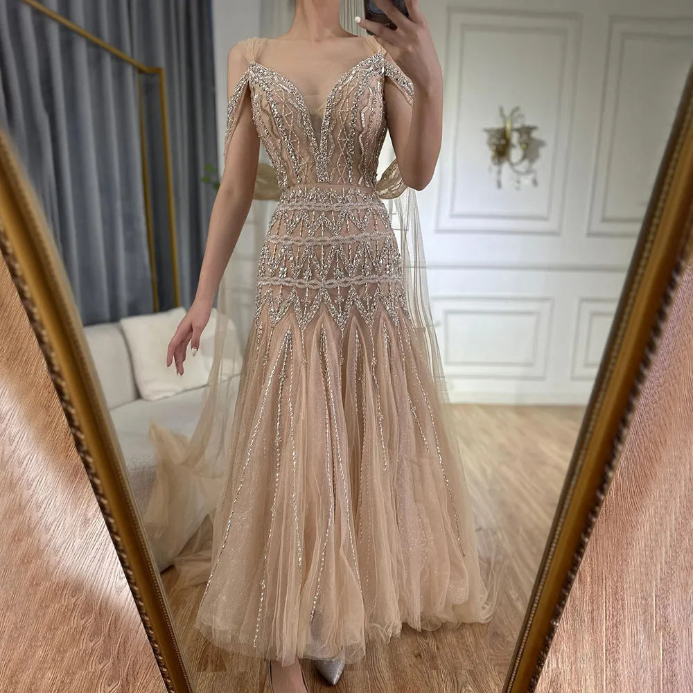 Luxury Dubai Arabic Nude A-Line Midi Strapless Beaded Evening Dress Gown for Women - Wedding, Party, Prom, Formal Occasions LA71911