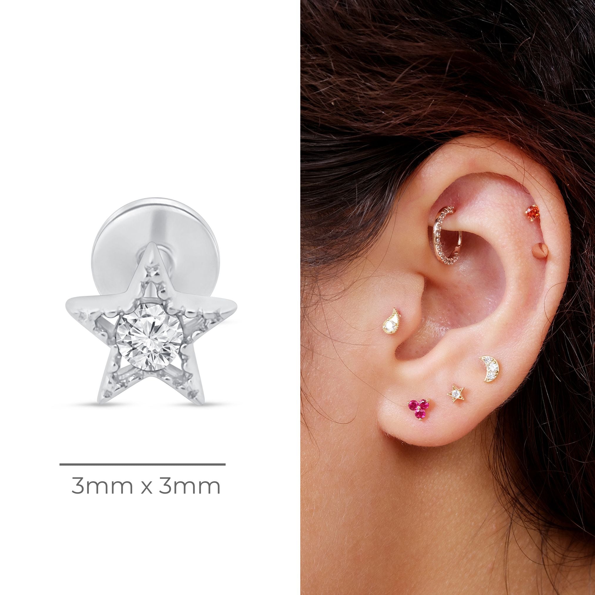 14K White Gold Gemstone Star Flat Back Stud Earrings with Milgrain Detail - Perfect for Bridal, Party & Everyday Wear