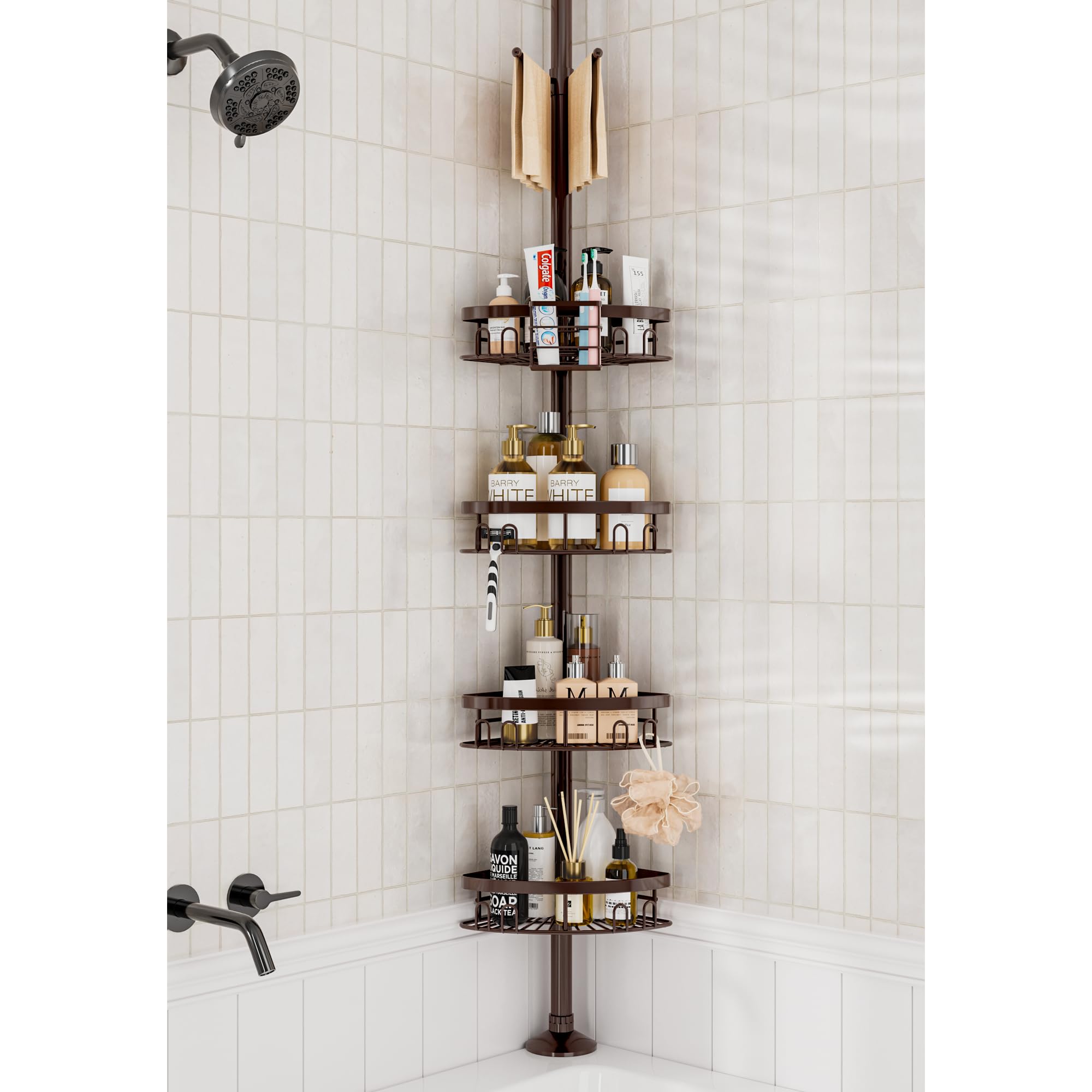 Rustproof Shower Corner Caddy Shelf - Adjustable Tension Pole Organizer (23.6-114.5 Inch) with 4 Baskets & Towel Bar for Bathroom Storage - Bronze | Perfect for Shampoo, Soap & Bath Accessories Organization in Bathtub/Shower