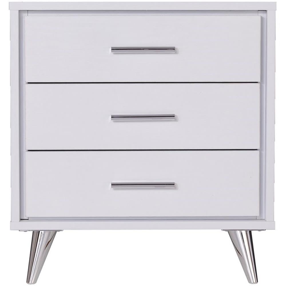 Allora Mid-Century Modern 3-Drawer Nightstand - White & Chrome Finish Bedside Table for Bedroom, Living Room, or Office