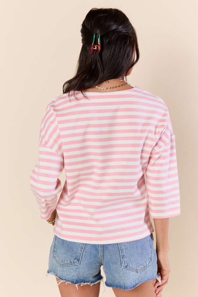 Bold Lines Pink Striped 3/4 Sleeve Knit Top for Women - Soft Casual T-Shirt, Trendy Striped Blouse, Perfect for Office, Date Night & Spring Outfits