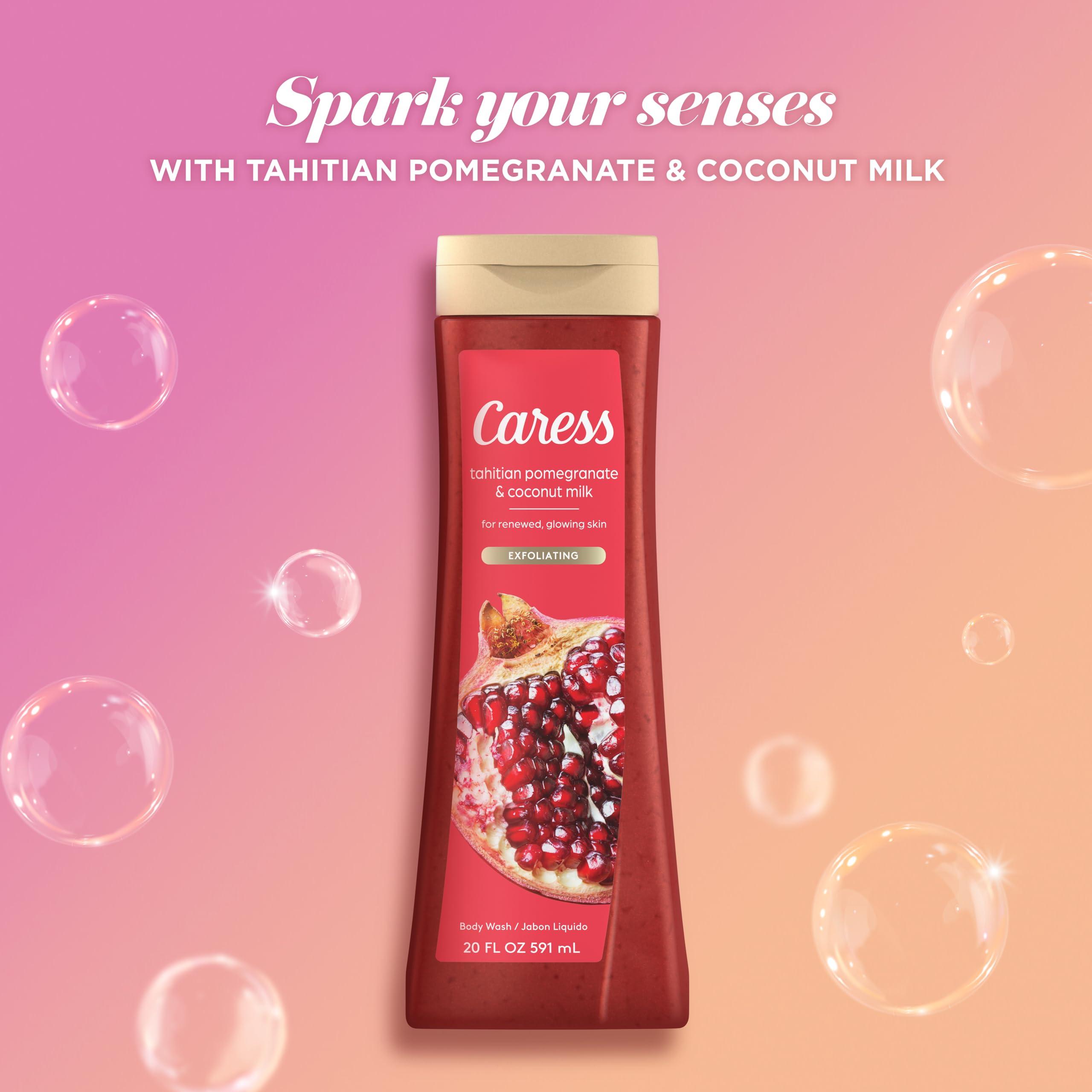 Caress Tahitian Pomegranate & Coconut Milk Moisturizing Body Wash - Exfoliating Liquid Soap for Glowing Skin (20 Fl Oz, Pack of 2) | Hydrating Shower Gel for Dry Skin, Daily Body Cleanser for Women & Men