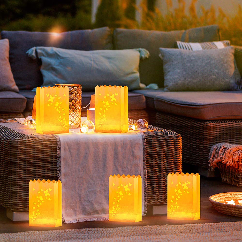 50 PCS White Butterfly Luminary Bags with 50 PCS Flameless LED Tea Lights - Battery Operated Candles for Christmas, Thanksgiving, Weddings & Outdoor Decorations - Elegant Holiday Party, Garden, Pathway Lighting Solution