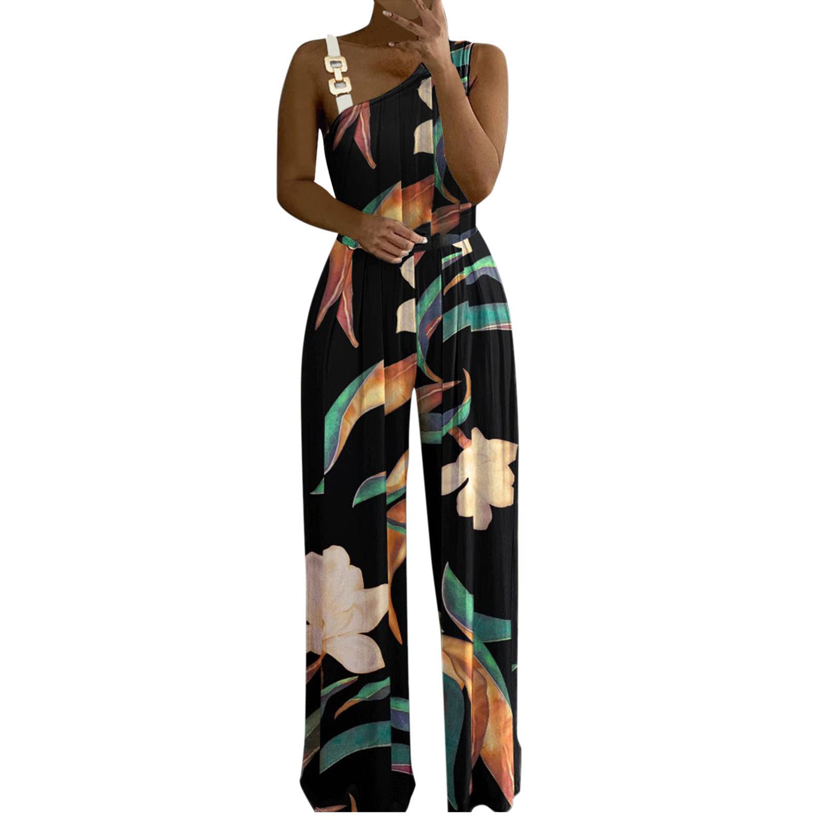 Women's Sexy Metal Button Tank Top High Waist Wide Leg Romper Jumpsuit - Printed & Solid Shorts (Black, Size L) | Perfect for Summer Outfits, Beach Vacations & Casual Wear