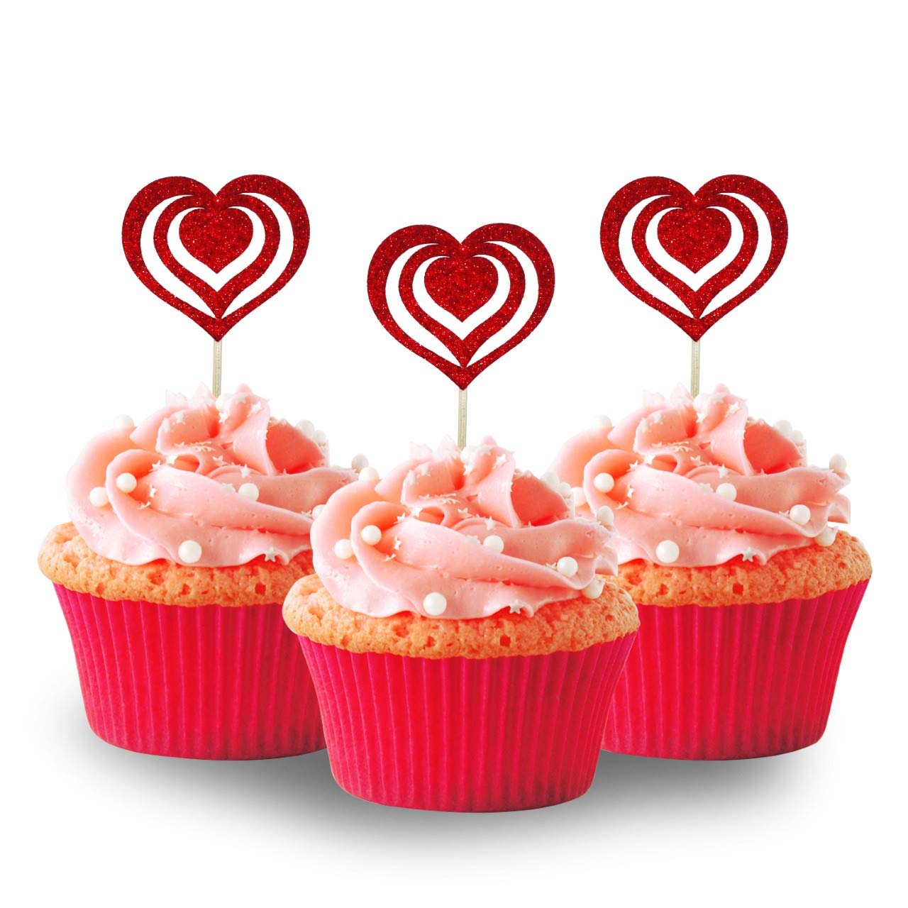 Red Heart Valentine's Day Cupcake Toppers - 12pc Pack, Glitter Foam Decorations for Weddings, Bridal Showers & Baby Showers | Perfect for Romantic Celebrations & Party Decor