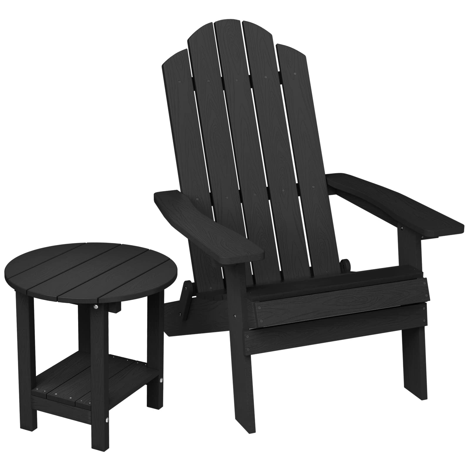 MXIMU Folding Plastic Adirondack Chair and Table Set - 2-Piece Outdoor Furniture for Patio, Garden, Poolside & Beach - Lightweight Foldable Lawn Chairs with Fire Pit Seating - Perfect for Backyard, Balcony, and Camping (Black)