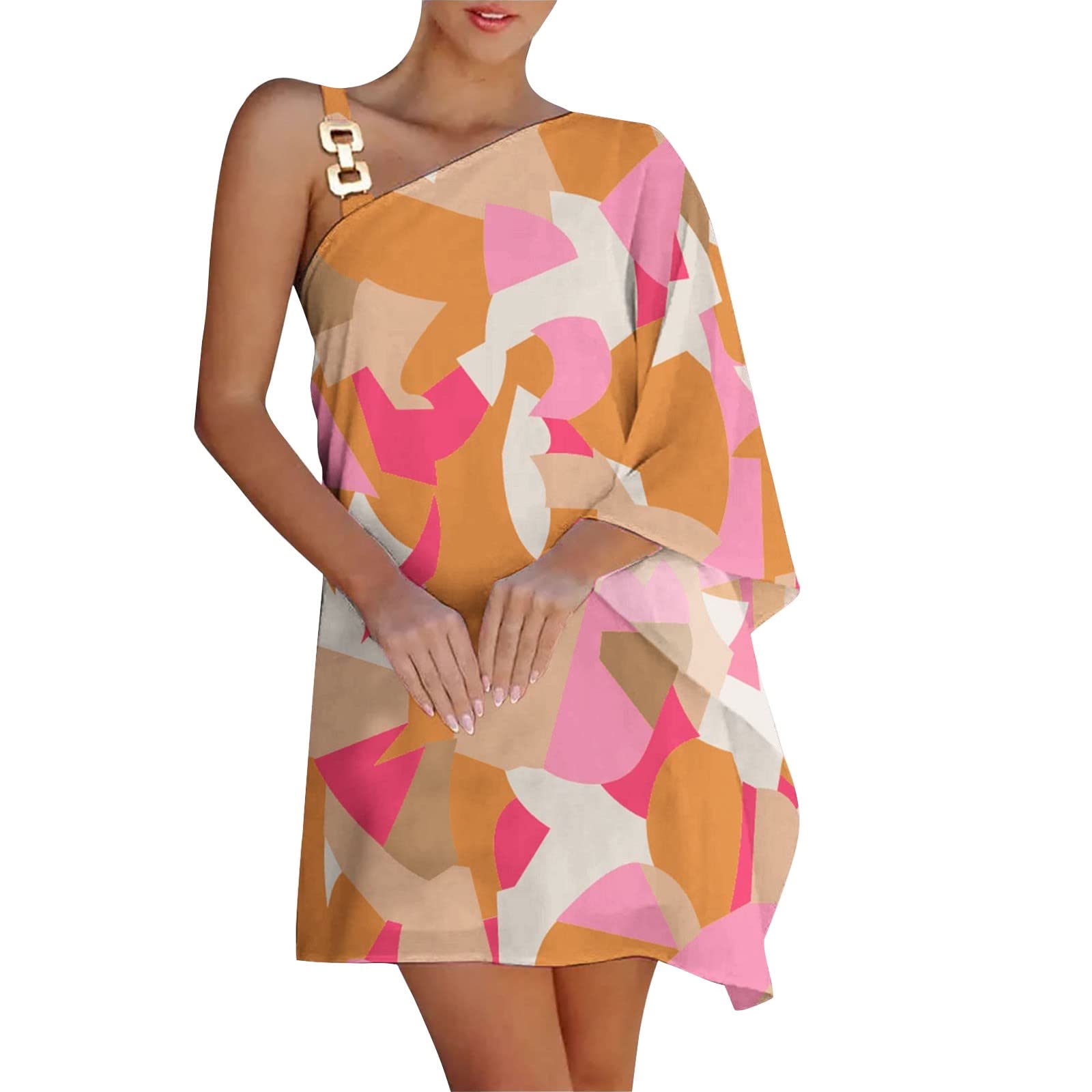 Women's One Shoulder Half Bat Sleeve Printed Summer Dress - Casual Party & Beach Mini Sundress with Loose Fit & Metal Strap - Perfect for Outdoor Events, Vacations and Date Nights